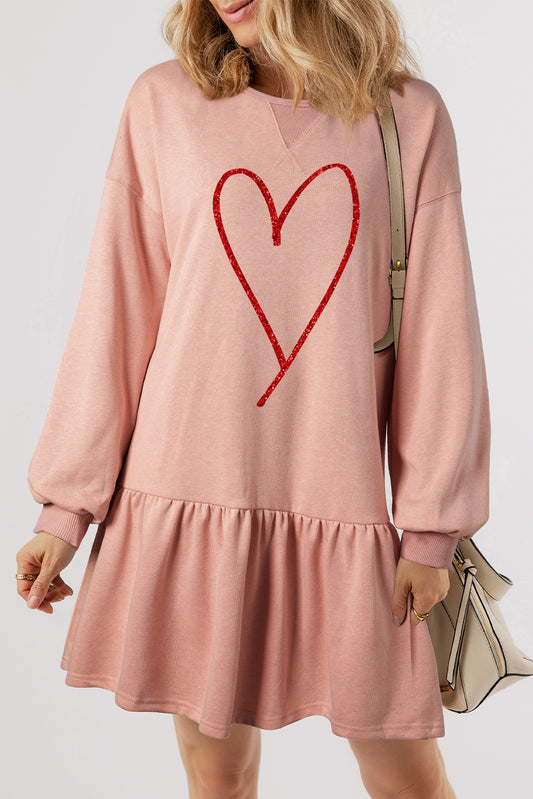 Dusty Pink Shimmer Heart Graphic Long Sleeve Ruffle Hem Dress-Graphic Apparel-[Adult]-[Female]-Dusty Pink-XS-2022 Online Blue Zone Planet