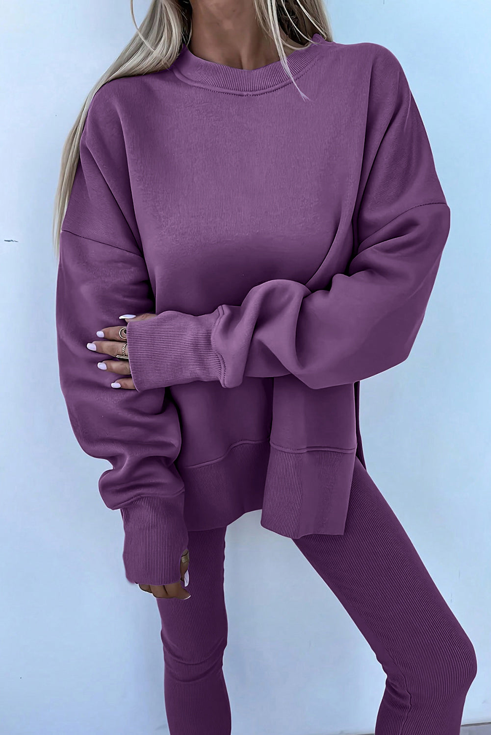 Orchid Mist Solid Color Oversize Slit Sweatshirt Ribbed Leggings 2pcs Set-Two Piece Sets/Pant Sets-[Adult]-[Female]-2022 Online Blue Zone Planet