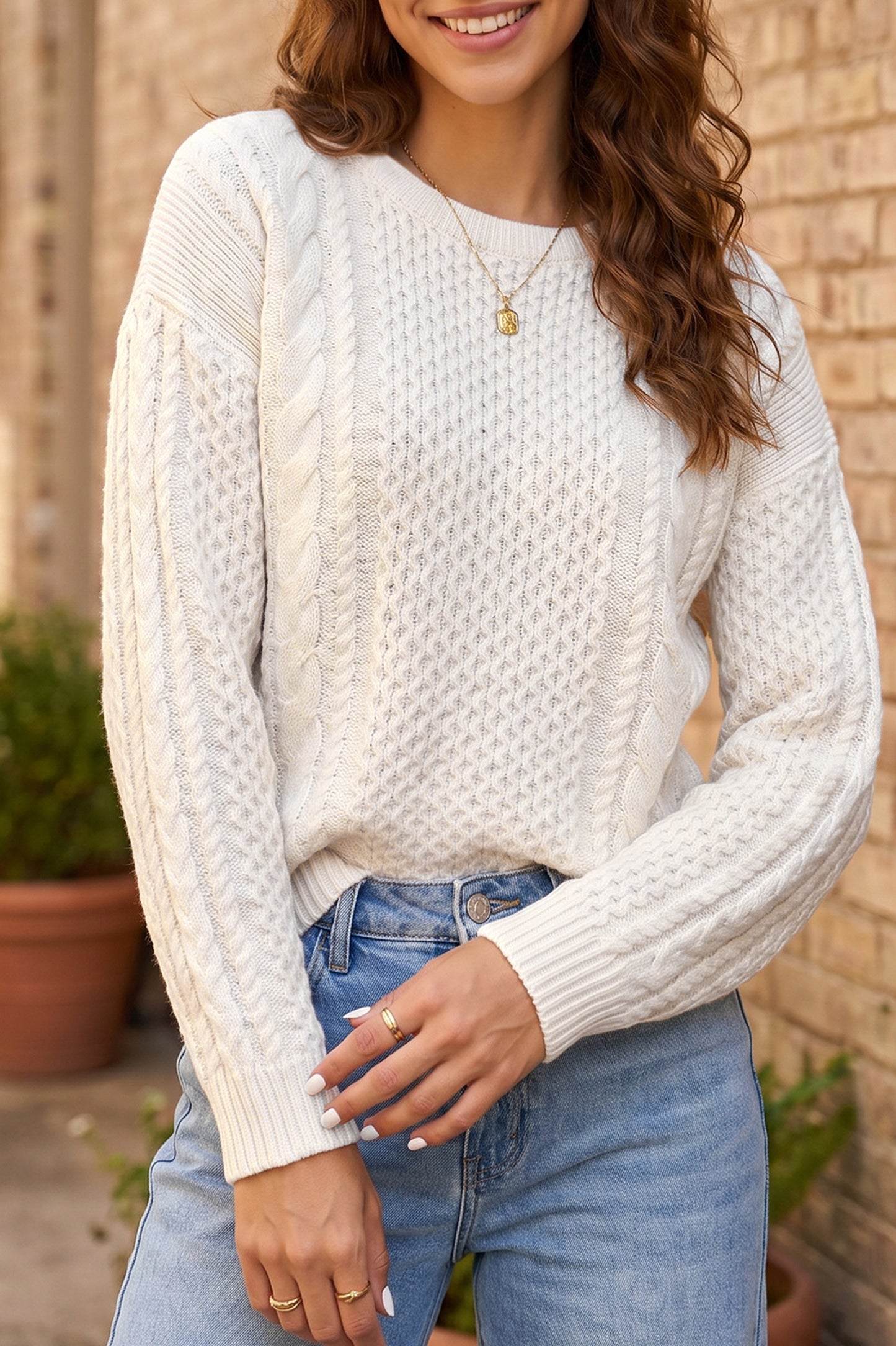 Beige Solid Color Cable Detail Knit Loose Round Neck Sweater-Sweaters & Cardigans/Sweaters-[Adult]-[Female]-Beige-S-2022 Online Blue Zone Planet