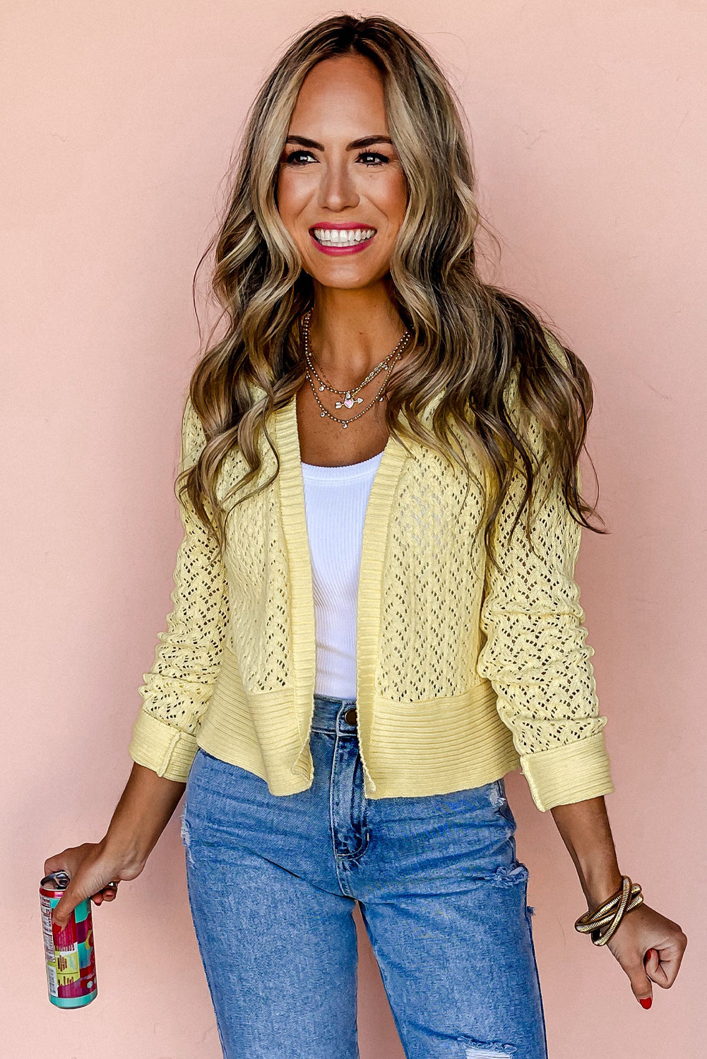 Yellow Cream Pointelle Knit Open Front Short Cardigan-Cardigans-[Adult]-[Female]-2022 Online Blue Zone Planet