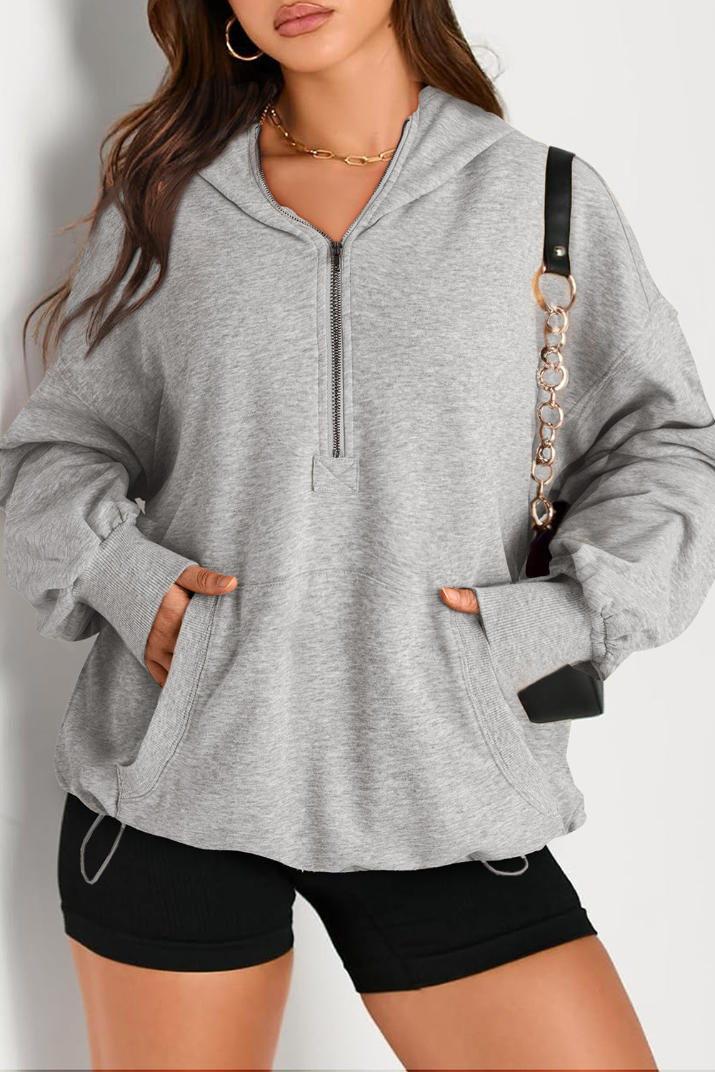 Brown Solid Kangaroo Pocket Half Zipper Oversized Hoodie-Tops/Sweatshirts & Hoodies-[Adult]-[Female]-Light Grey-S-2022 Online Blue Zone Planet