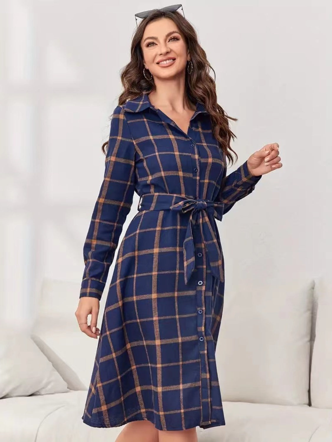 Plaid Tie Waist Long Sleeve Dress-TOPS / DRESSES-[Adult]-[Female]-2022 Online Blue Zone Planet