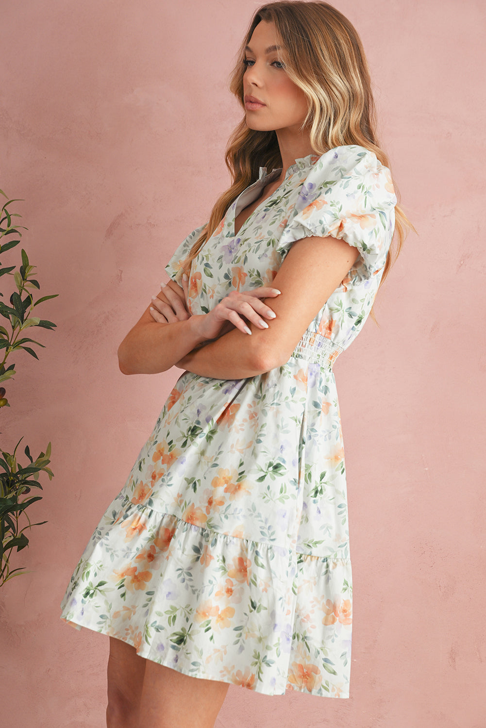 Beige Floral Print Smocked High Waist Puff Sleeve Mini Dress-TOPS / DRESSES-[Adult]-[Female]-2022 Online Blue Zone Planet