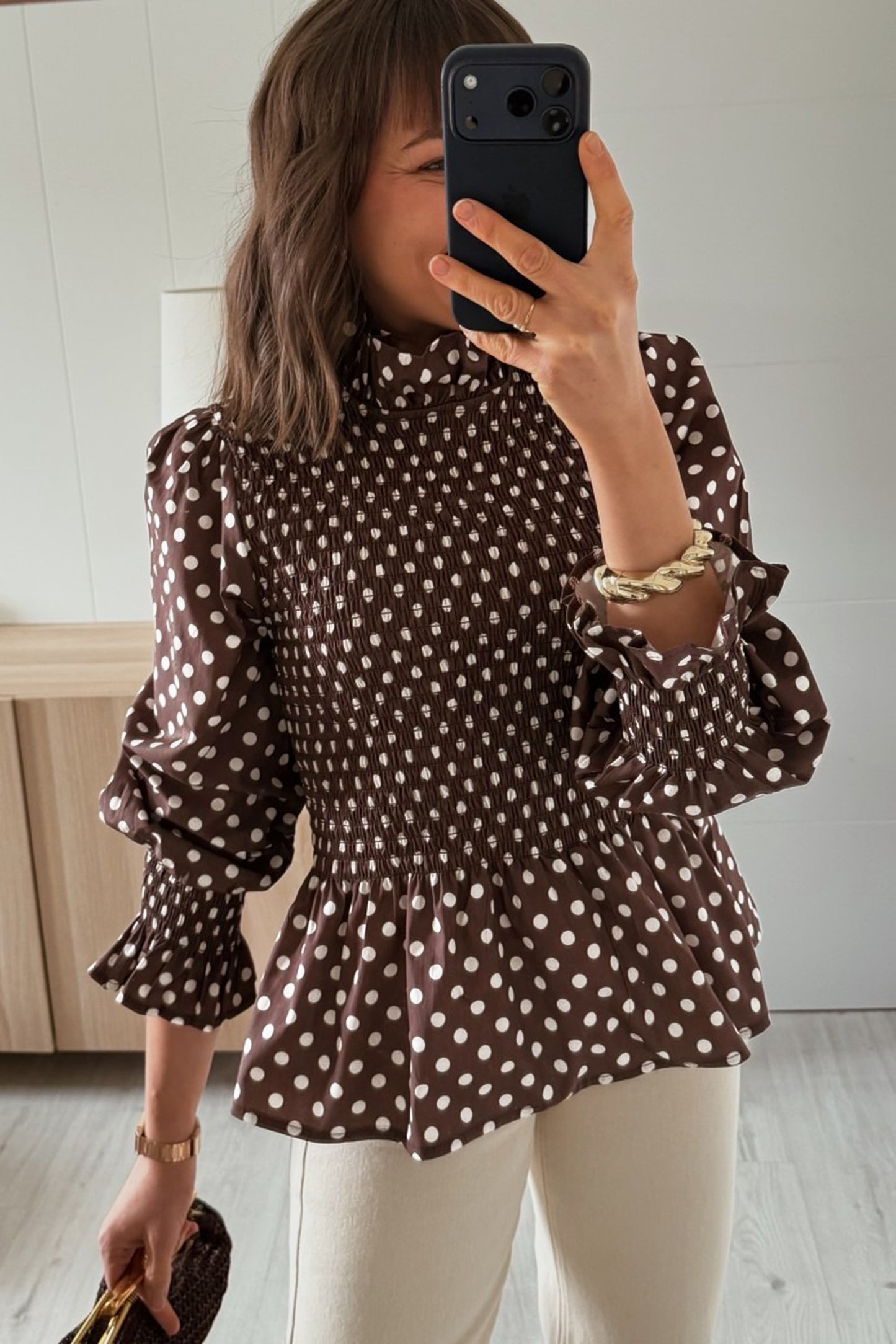 Brown Polka Dot Ruffled High Neck Shirred Ruffle Hem Blouse-Tops/Blouses & Shirts-[Adult]-[Female]-2022 Online Blue Zone Planet