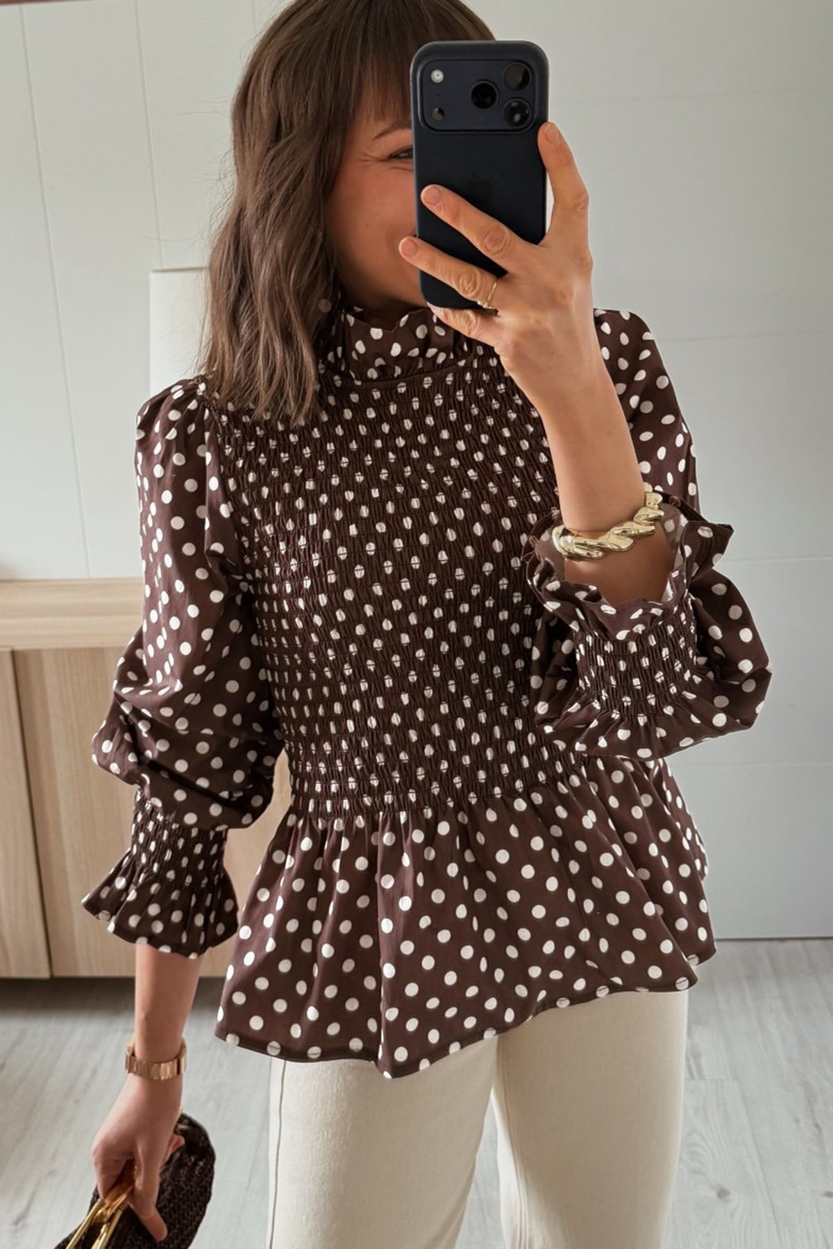 Brown Polka Dot Ruffled High Neck Shirred Ruffle Hem Blouse-Tops/Blouses & Shirts-[Adult]-[Female]-2022 Online Blue Zone Planet
