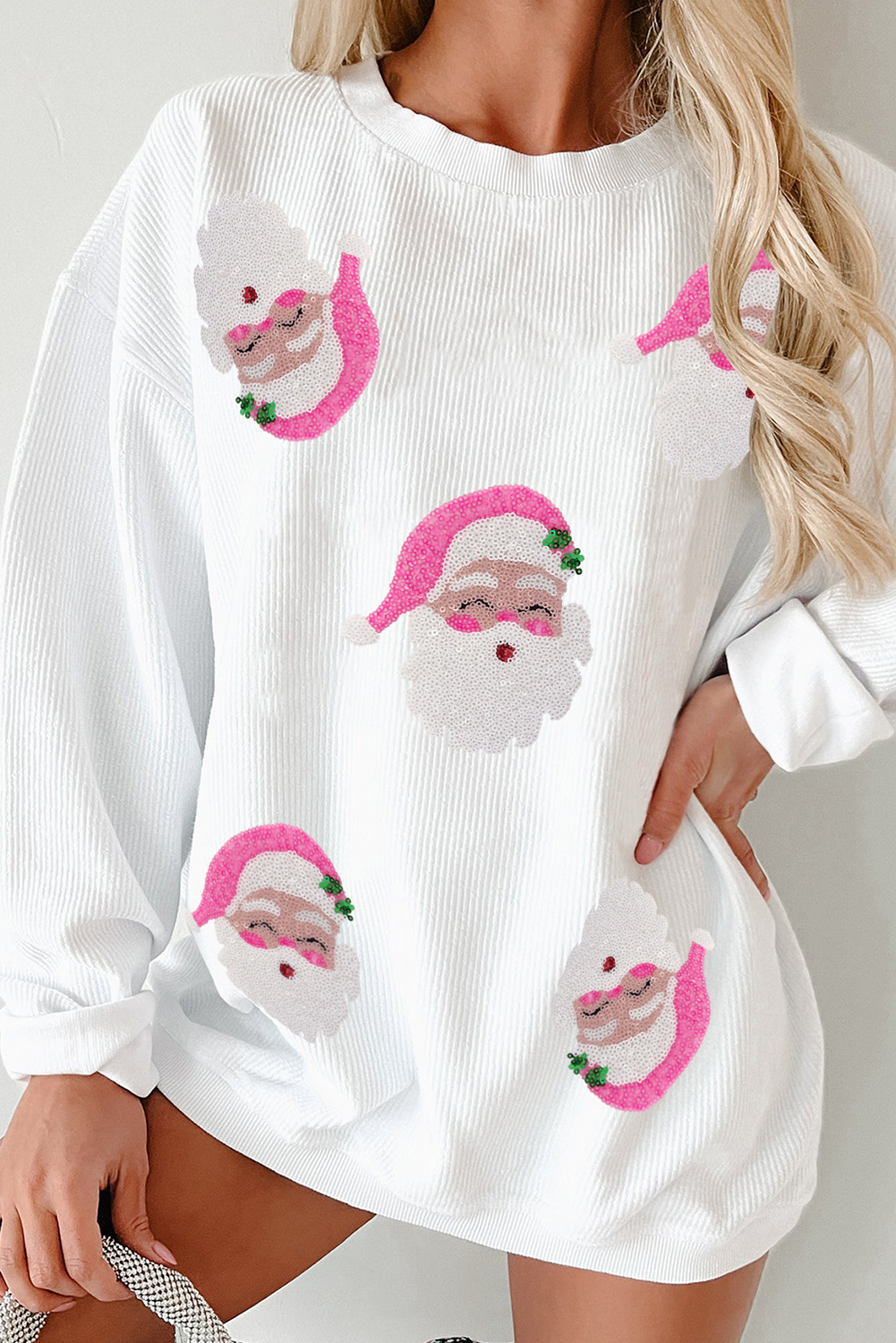 Blue Zone Planet | White Ribbed Sequin Santa Claus Graphic Christmas Sweatshirt-Tops/Sweatshirts & Hoodies-[Adult]-[Female]-White-XS-2022 Online Blue Zone Planet