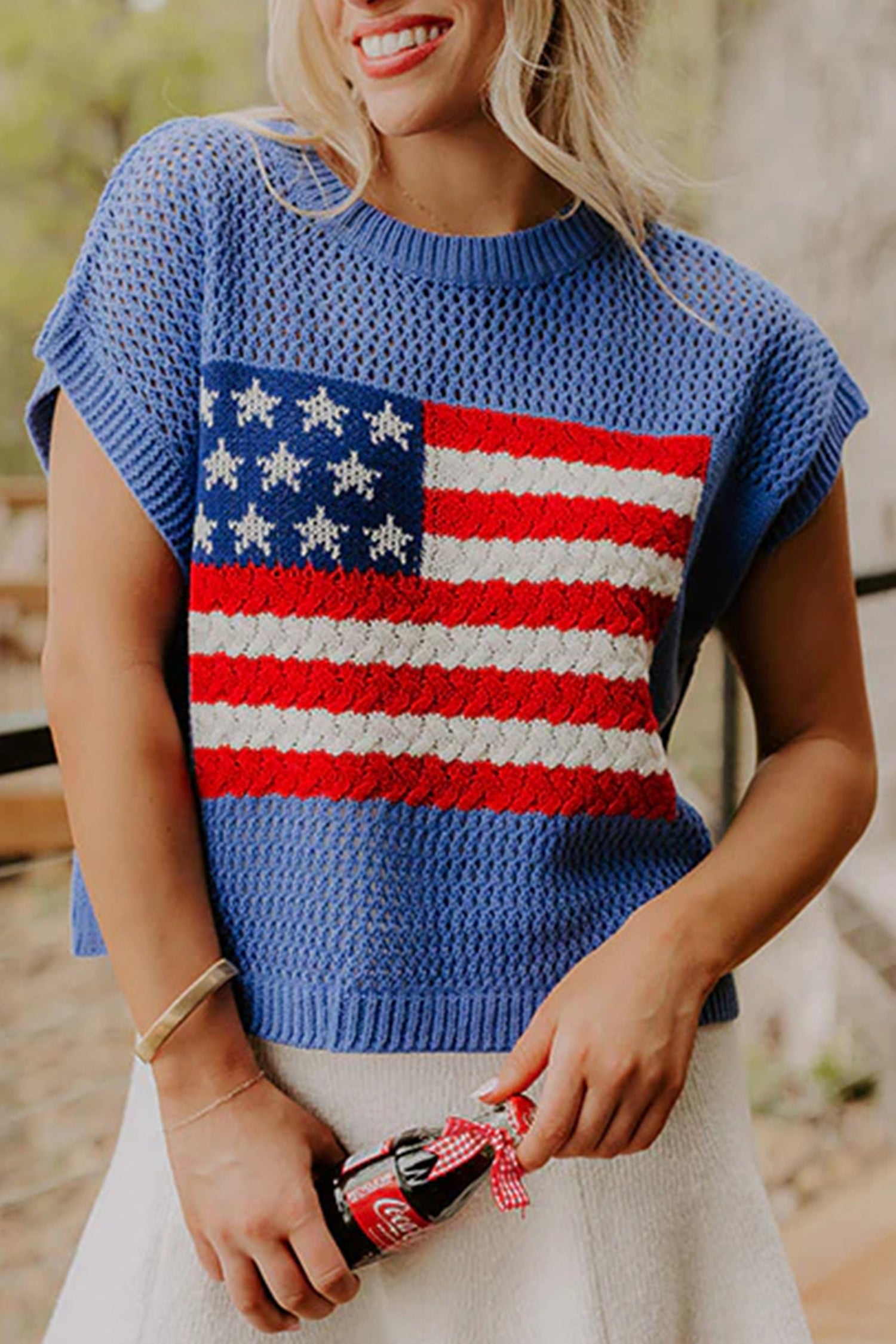 Sky Blue Flag Graphic Short Sleeve Sweater Top-TOPS / DRESSES-[Adult]-[Female]-Sky Blue-S-2022 Online Blue Zone Planet
