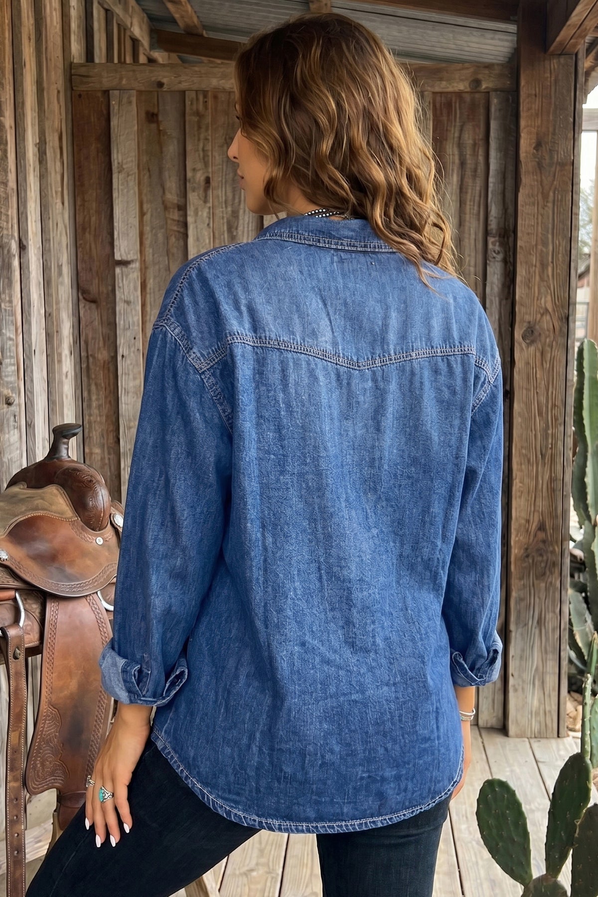Sail Blue Western Patch Pockets Tunic Length Long Sleeve Denim Shirt-Tops/Blouses & Shirts-[Adult]-[Female]-2022 Online Blue Zone Planet