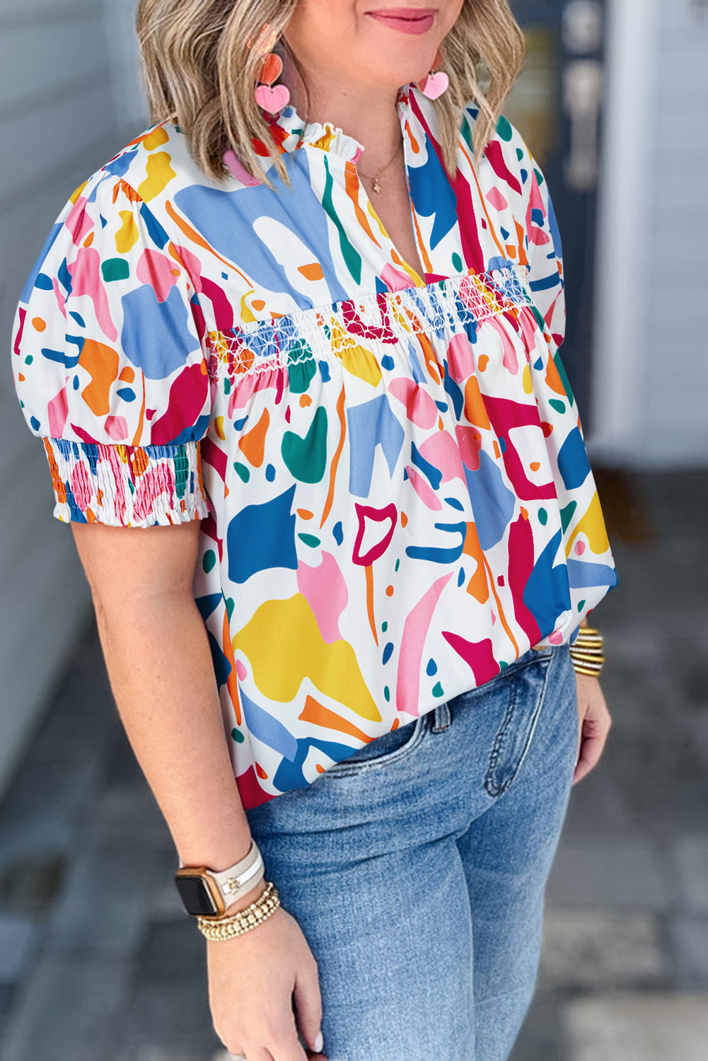 White Abstract Print Shirred Cuff Puff Sleeve Plus Size Blouse-Plus Size/Plus Size Tops/Plus Size Blouses & Shirts-[Adult]-[Female]-2022 Online Blue Zone Planet