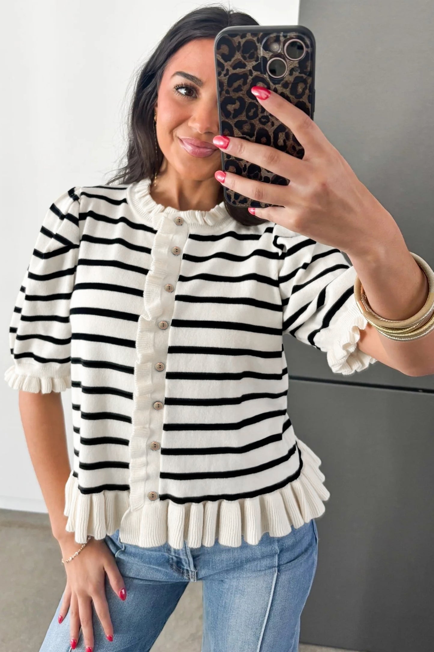 Beige Stripe Ruffle Trim Button Down Knit Short Sleeve Sweater Cardigan-TOPS / DRESSES-[Adult]-[Female]-2022 Online Blue Zone Planet