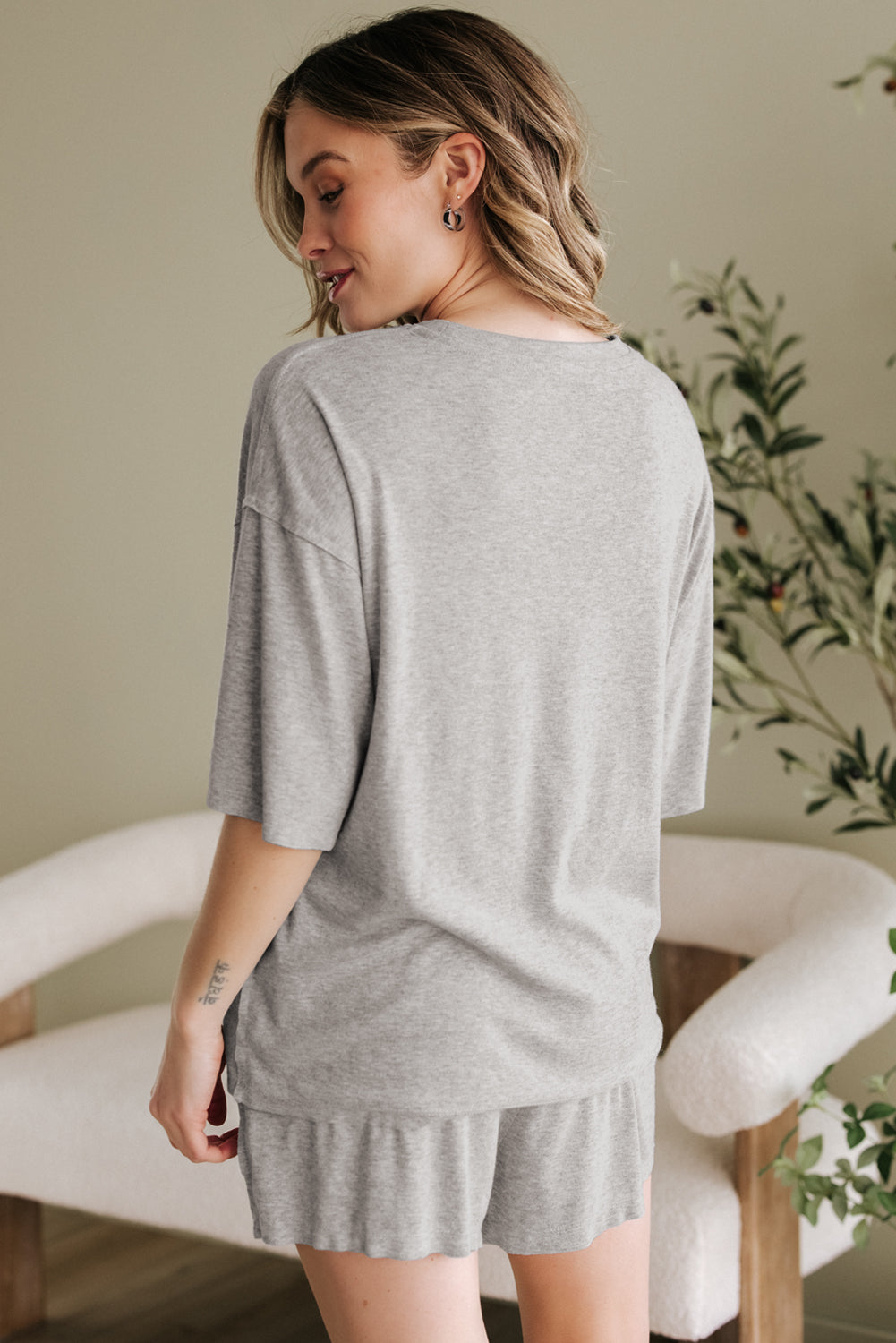 Gray Solid Color Loose Tee 2 Piece Shorts Set-Two Piece Sets/Short Sets-[Adult]-[Female]-2022 Online Blue Zone Planet