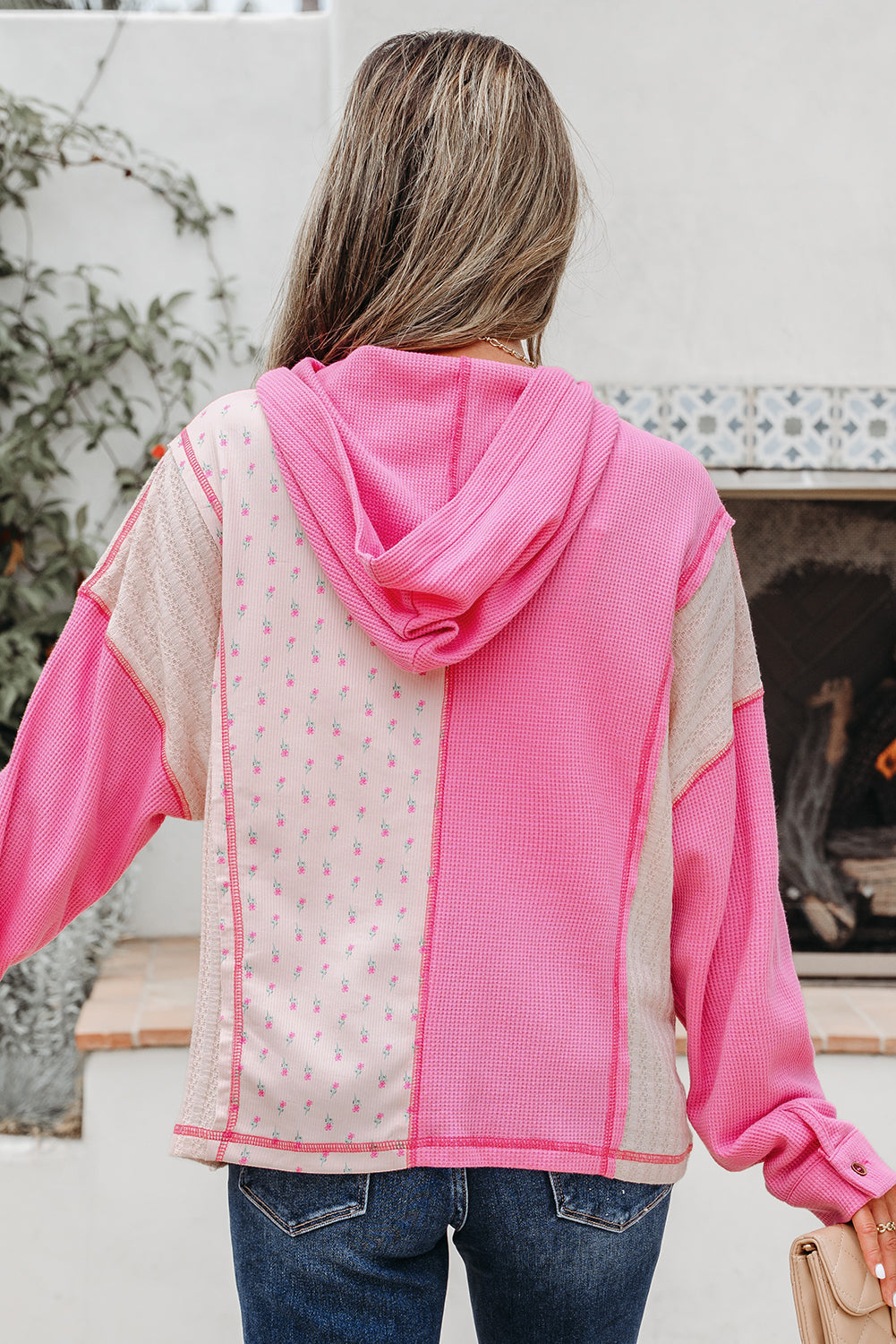Pink Mixed Texture Waffle Floral Patchwork Hooded Oversize Pullover-Tops/Sweatshirts & Hoodies-[Adult]-[Female]-2022 Online Blue Zone Planet