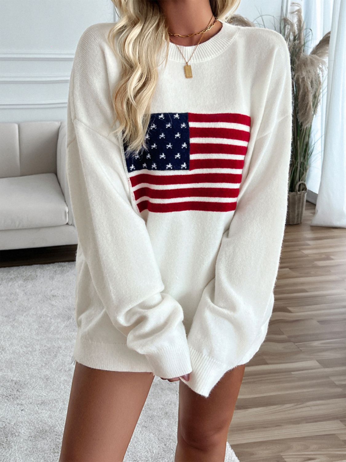 Devine US Flag Round Neck Long Sleeve Knit Top-TOPS / DRESSES-[Adult]-[Female]-2022 Online Blue Zone Planet