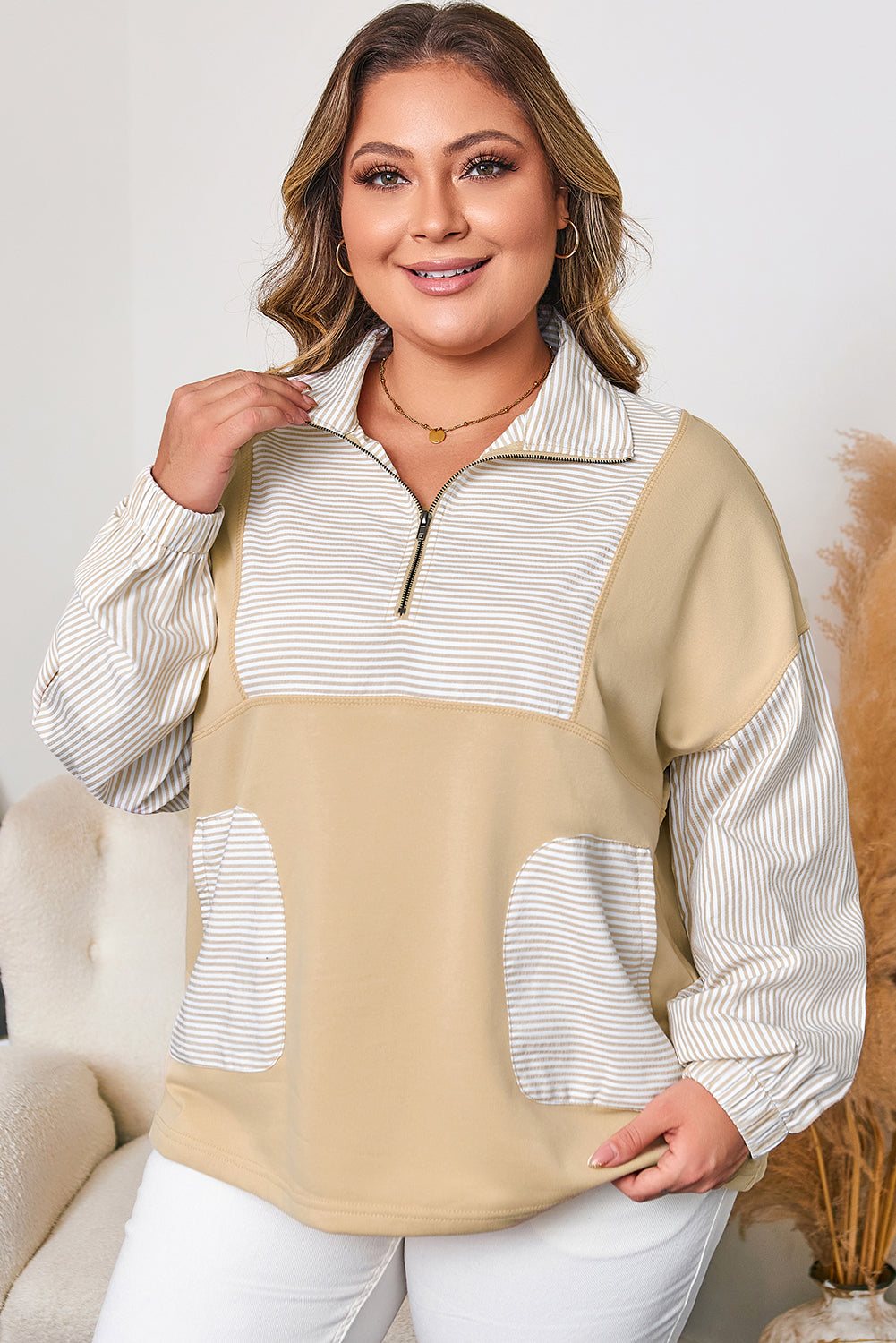 Khaki Stripe Mix Half Zip French Terry Plus Size Sweatshirt-Plus Size/Plus Size Sweatshirts & Hoodies-[Adult]-[Female]-2022 Online Blue Zone Planet