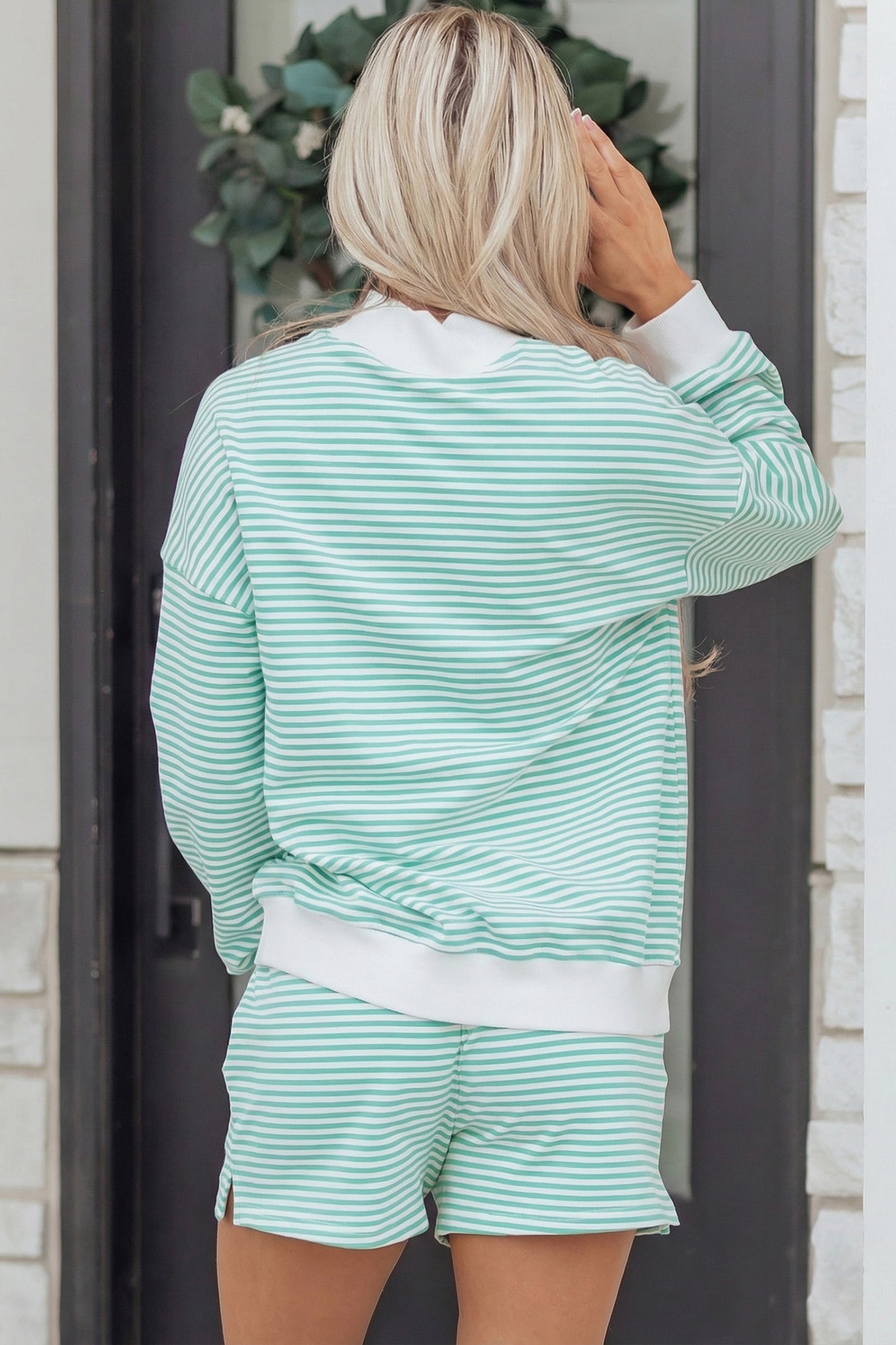 Sky Blue Stripe Oversize Mock Neck Sweatshirt and Shorts Set-Two Piece Sets/Short Sets-[Adult]-[Female]-2022 Online Blue Zone Planet