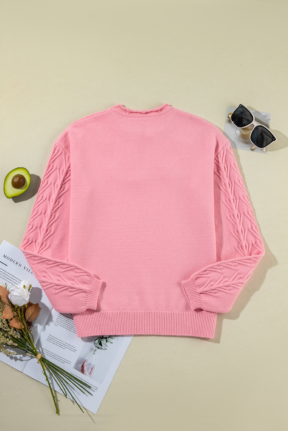 Peach Blossom Flower Detail Knitted Notched Neck Sweater-Sweaters & Cardigans/Sweaters-[Adult]-[Female]-2022 Online Blue Zone Planet