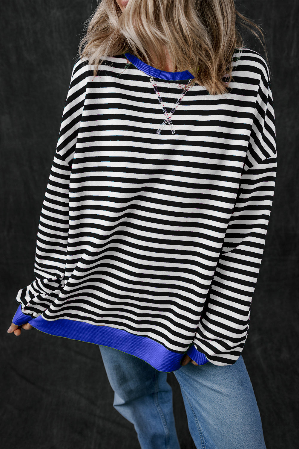 Sky Blue Stripe Oversized Contrast Trim Pullover Sweatshirt-Tops/Sweatshirts & Hoodies-[Adult]-[Female]-Black Stripe-S-2022 Online Blue Zone Planet