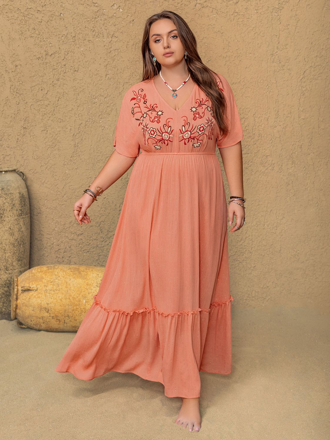 Plus Size Frill Embroidered V-Neck Half Sleeve Maxi Dress-TOPS / DRESSES-[Adult]-[Female]-Coral-0XL-2022 Online Blue Zone Planet