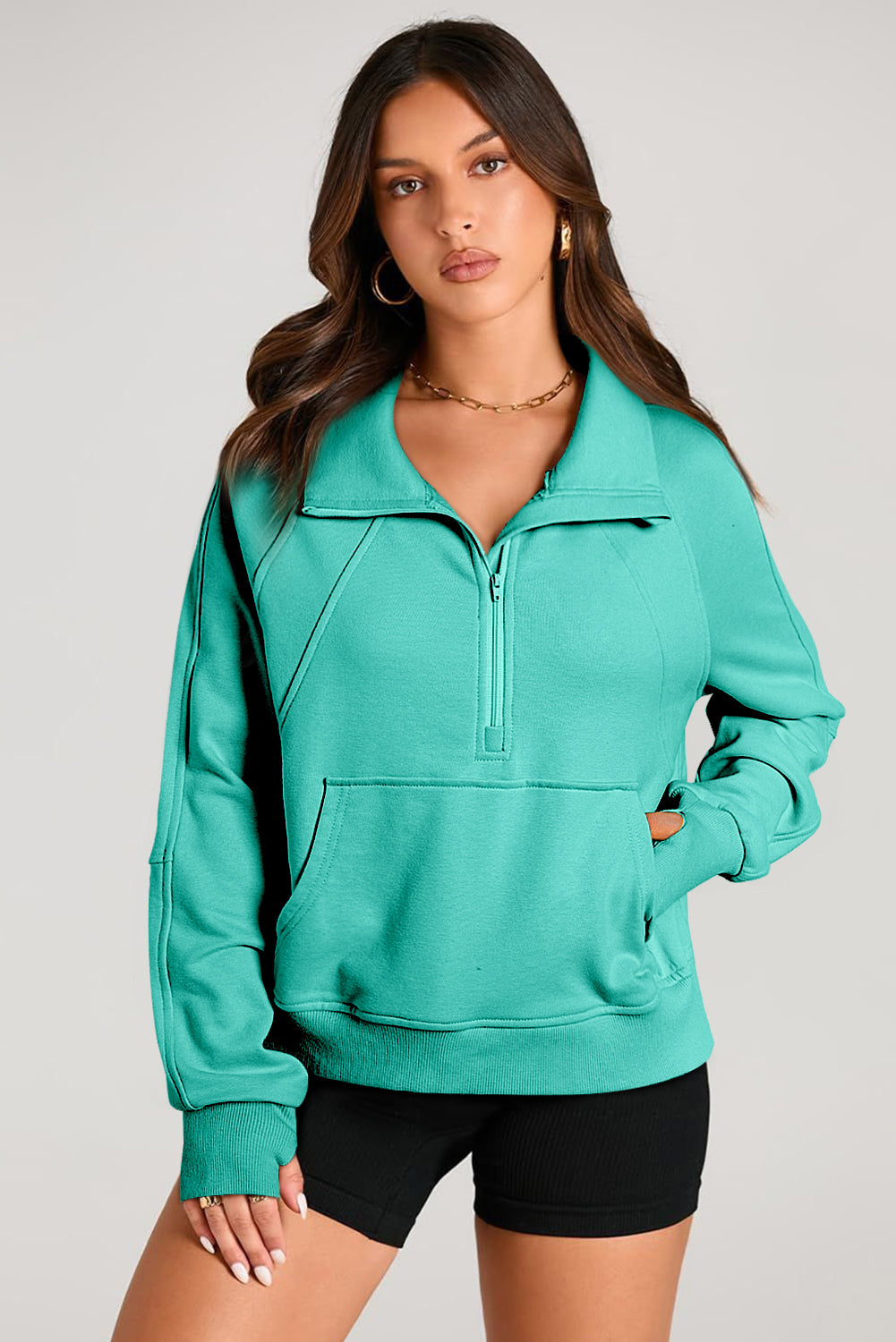 Brown Quarter Zip Stand Neck Kangaroo Pocket Sweatshirt-Tops/Sweatshirts & Hoodies-[Adult]-[Female]-2022 Online Blue Zone Planet