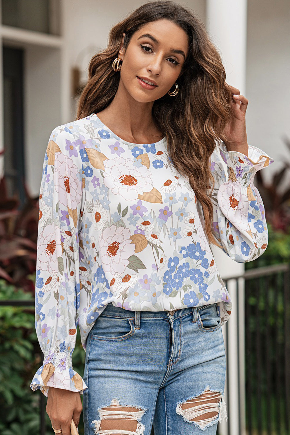 White Floral Print Sweet Lantern Long Sleeve Blouse-Tops/Blouses & Shirts-[Adult]-[Female]-2022 Online Blue Zone Planet