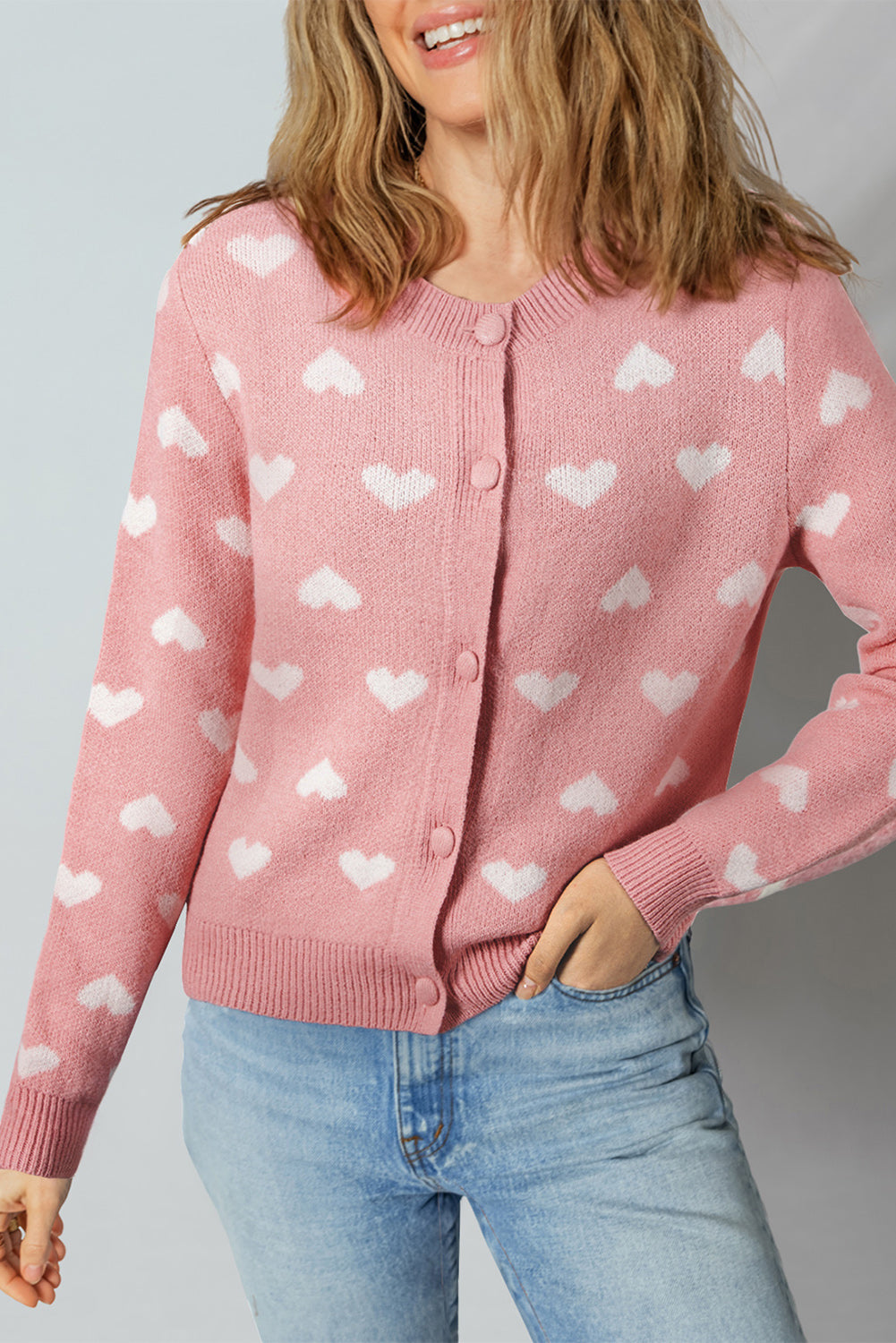 Light Pink Heart Pattern Button Front Cardigan Sweater – Blue Zone