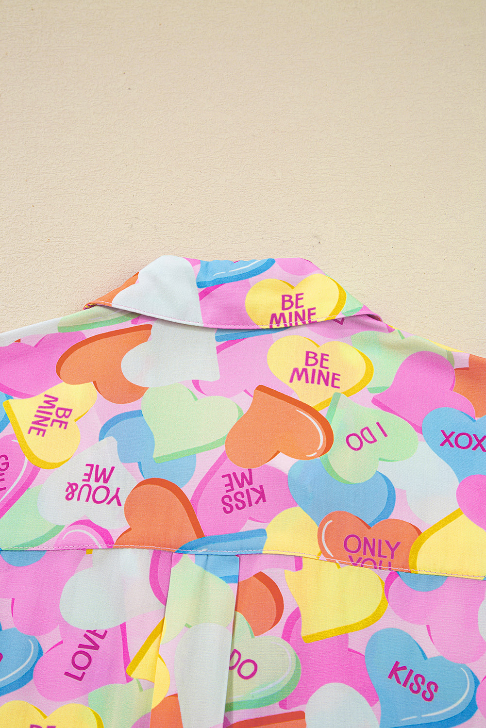 Pink Valentines Candy Heart V Neck Collared Tunic Shirt and Shorts 2pcs Pajama Set-Loungewear & Sleepwear/Loungewear-[Adult]-[Female]-2022 Online Blue Zone Planet