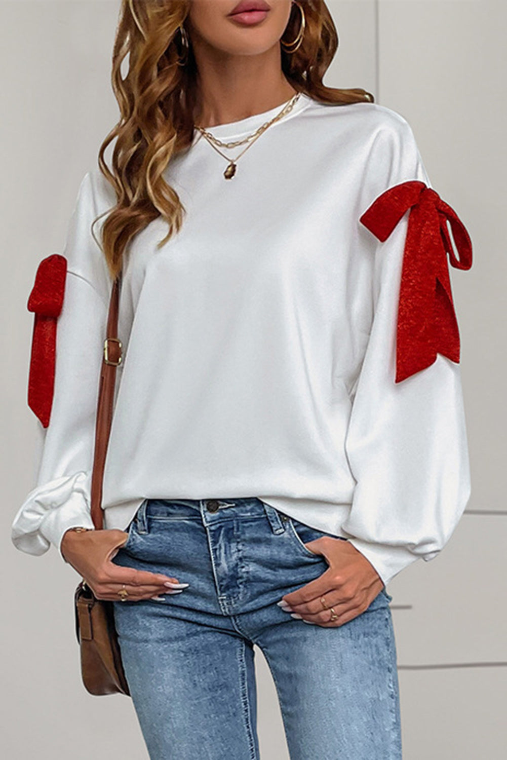 White Bow Knot Long Sleeve Crewneck Casual Sweatshirt-Sweatshirts & Hoodies-[Adult]-[Female]-2022 Online Blue Zone Planet