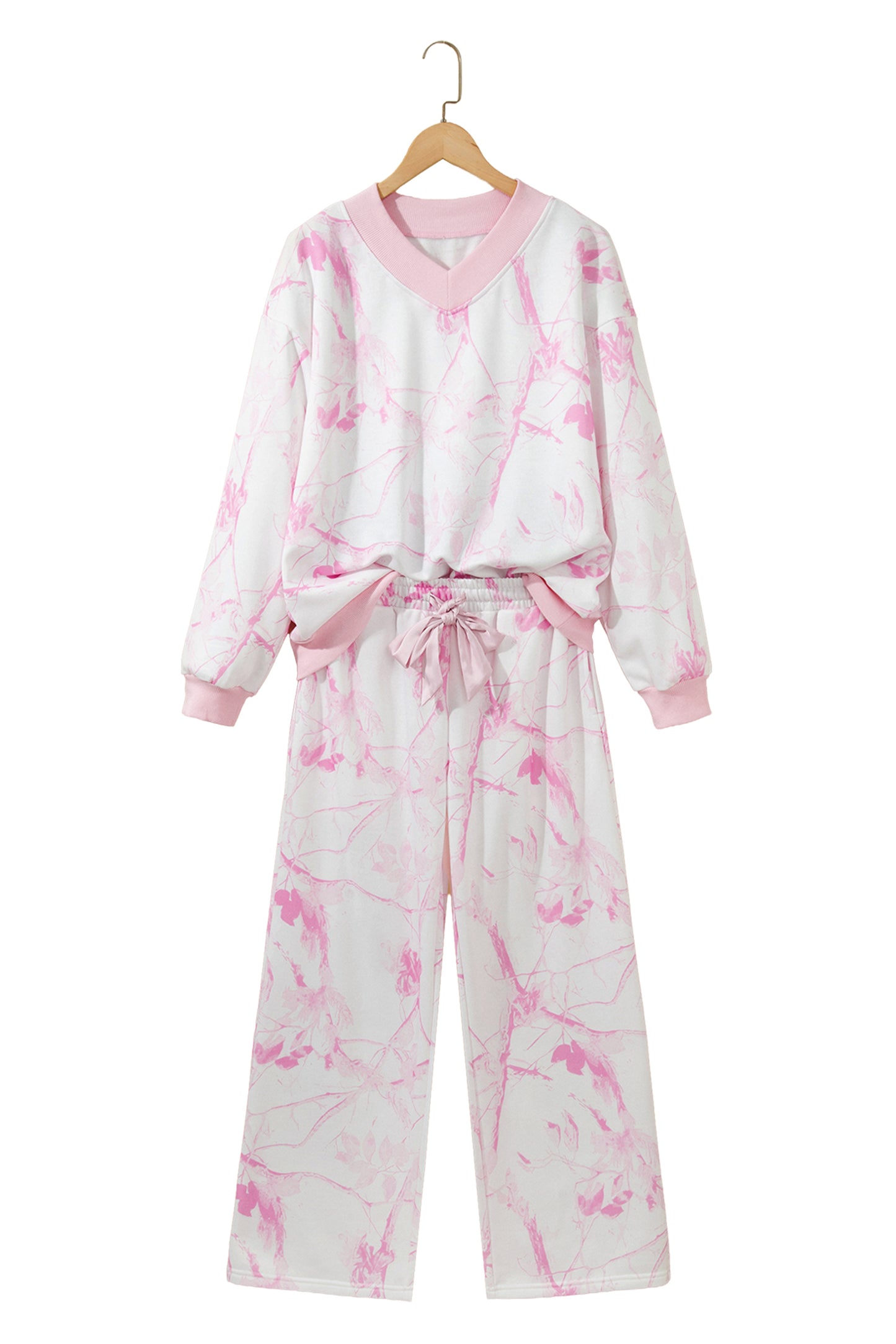 Pink Abstract Plant Print Long Sleeve V Neck Pant Set-Two Piece Sets/Pant Sets-[Adult]-[Female]-2022 Online Blue Zone Planet