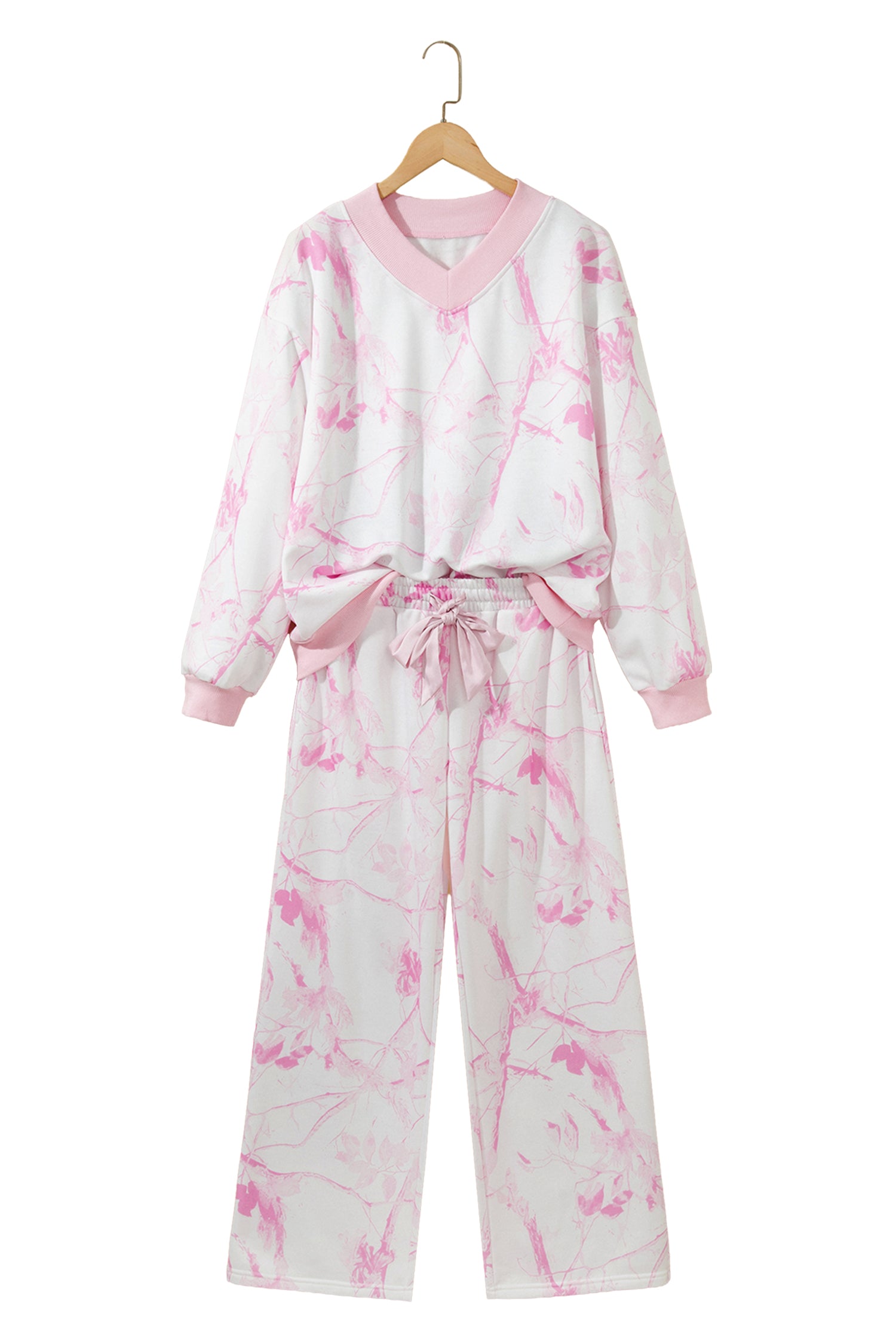 Pink Abstract Plant Print Long Sleeve V Neck Pant Set-Two Piece Sets/Pant Sets-[Adult]-[Female]-2022 Online Blue Zone Planet