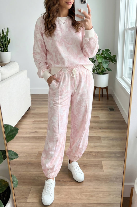 Pink Abstract Print Drop Shoulder Drawstring Waist Drawstring Hem Pant Set-Two Piece Sets/Pant Sets-[Adult]-[Female]-Pink-S-2022 Online Blue Zone Planet