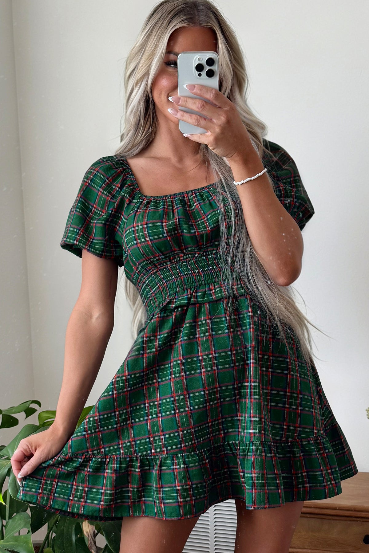 Green Plaid Shirred U Neck Short Sleeve Mini Dress-TOPS / DRESSES-[Adult]-[Female]-2022 Online Blue Zone Planet