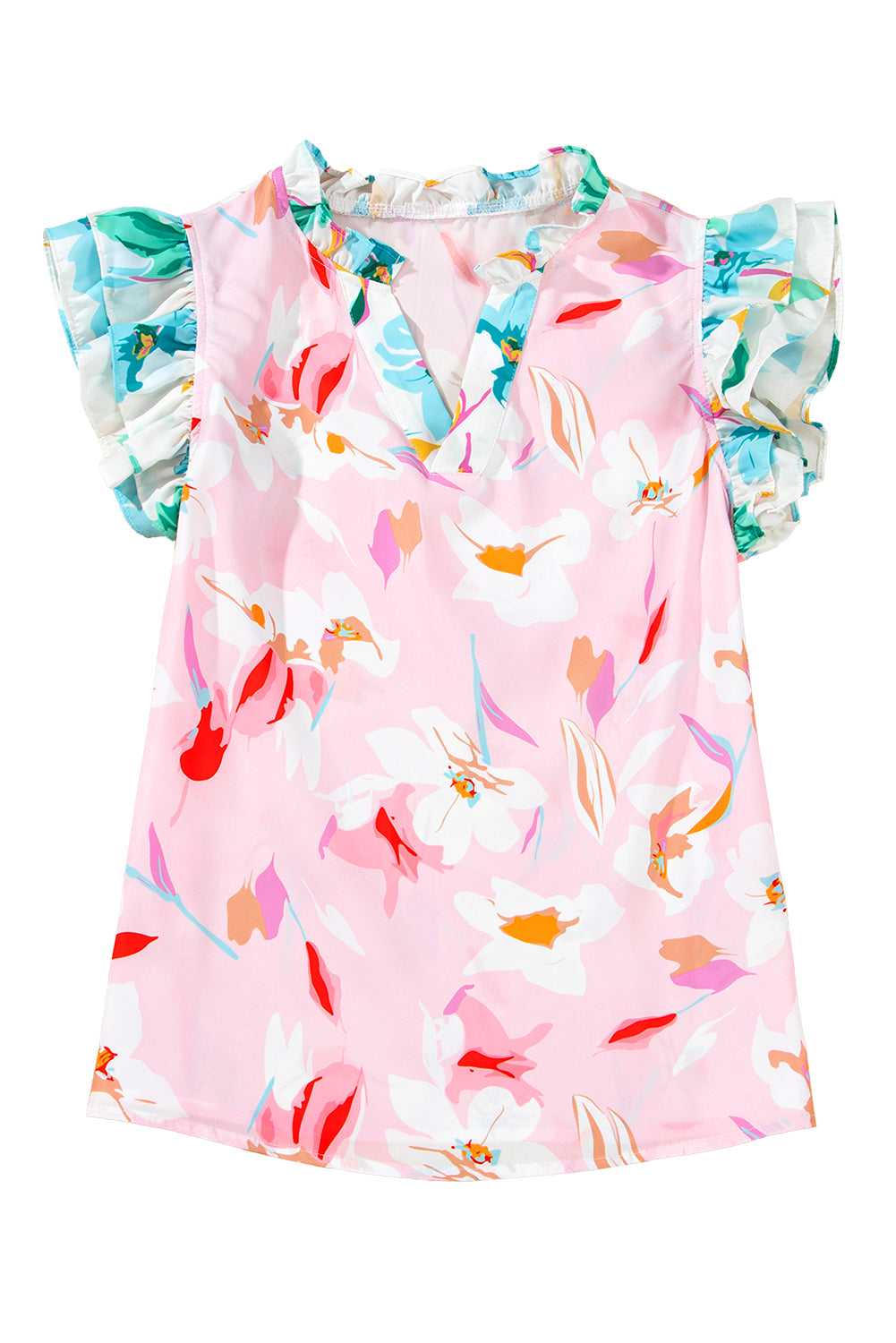 Multicolour Contrast Floral Patchwork Notched Neck Flutter Sleeve Blouse-Tops/Blouses & Shirts-[Adult]-[Female]-2022 Online Blue Zone Planet
