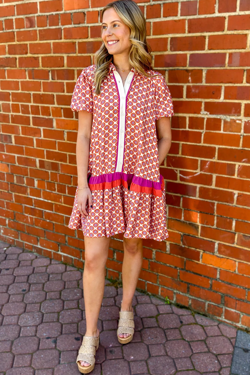 Orange Geometric Floral Print Color Block Trim Button Front Ruffle Hem Dress-Dresses/Floral Dresses-[Adult]-[Female]-2022 Online Blue Zone Planet