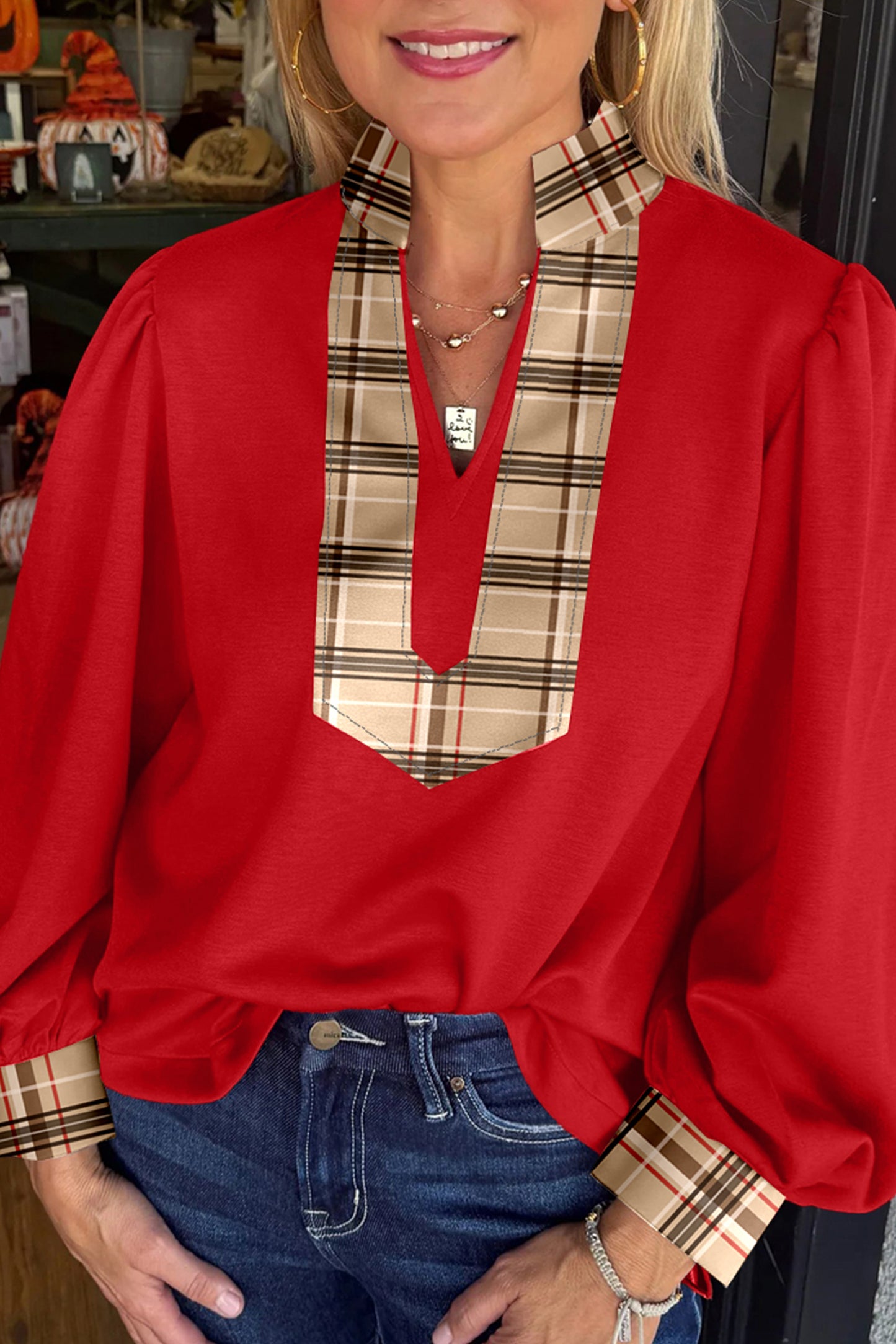 Racing Red Contrast Plaid Patchwork V Neck Long Sleeve Blouse-Tops/Blouses & Shirts-[Adult]-[Female]-Racing Red-S-2022 Online Blue Zone Planet