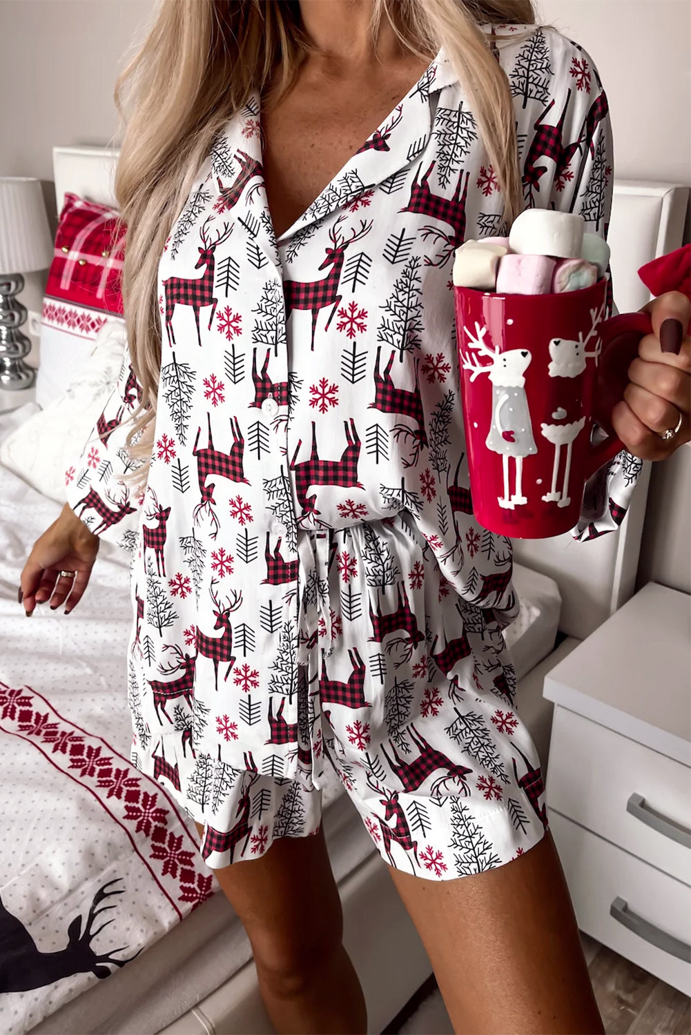 White Christmas Deer Printed Shirt and Shorts Lounge Set-Loungewear & Sleepwear/Sleepwear-[Adult]-[Female]-White-S-2022 Online Blue Zone Planet