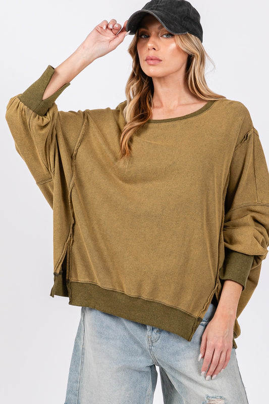 Blue Zone Planet | SAGE + FIG Mineral Wash Side Slit Oversized Sweatshirt-TOPS / DRESSES-[Adult]-[Female]-Olive-S-2022 Online Blue Zone Planet