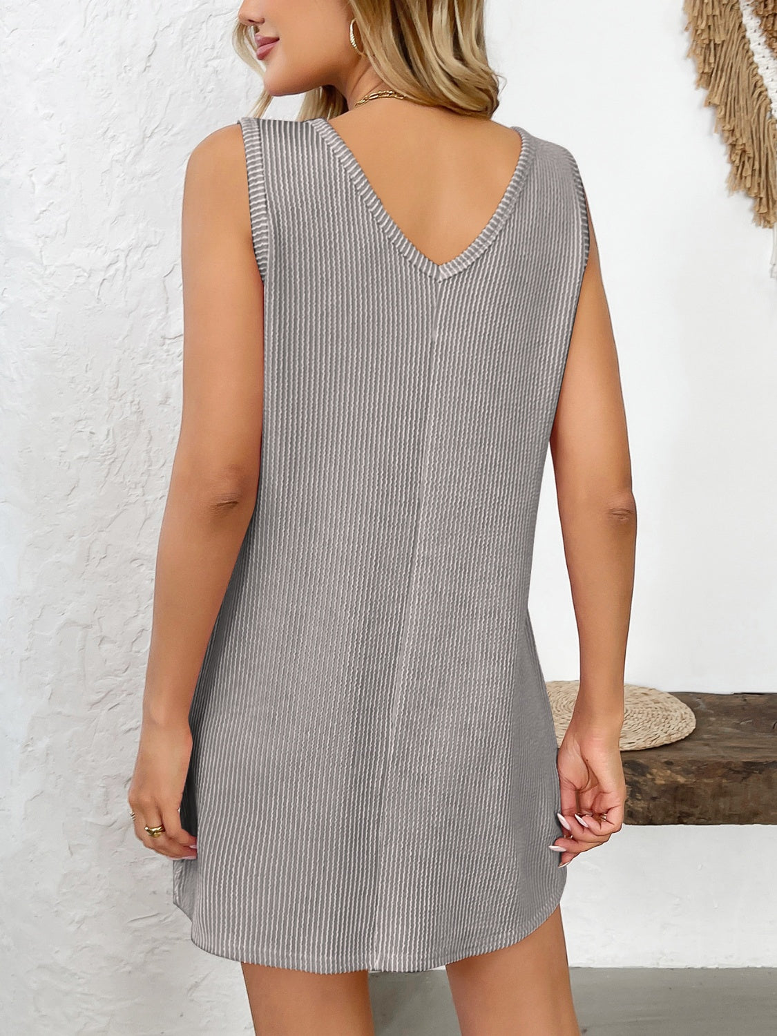 Texture Pocketed V-Neck Tank Dress-TOPS / DRESSES-[Adult]-[Female]-2022 Online Blue Zone Planet