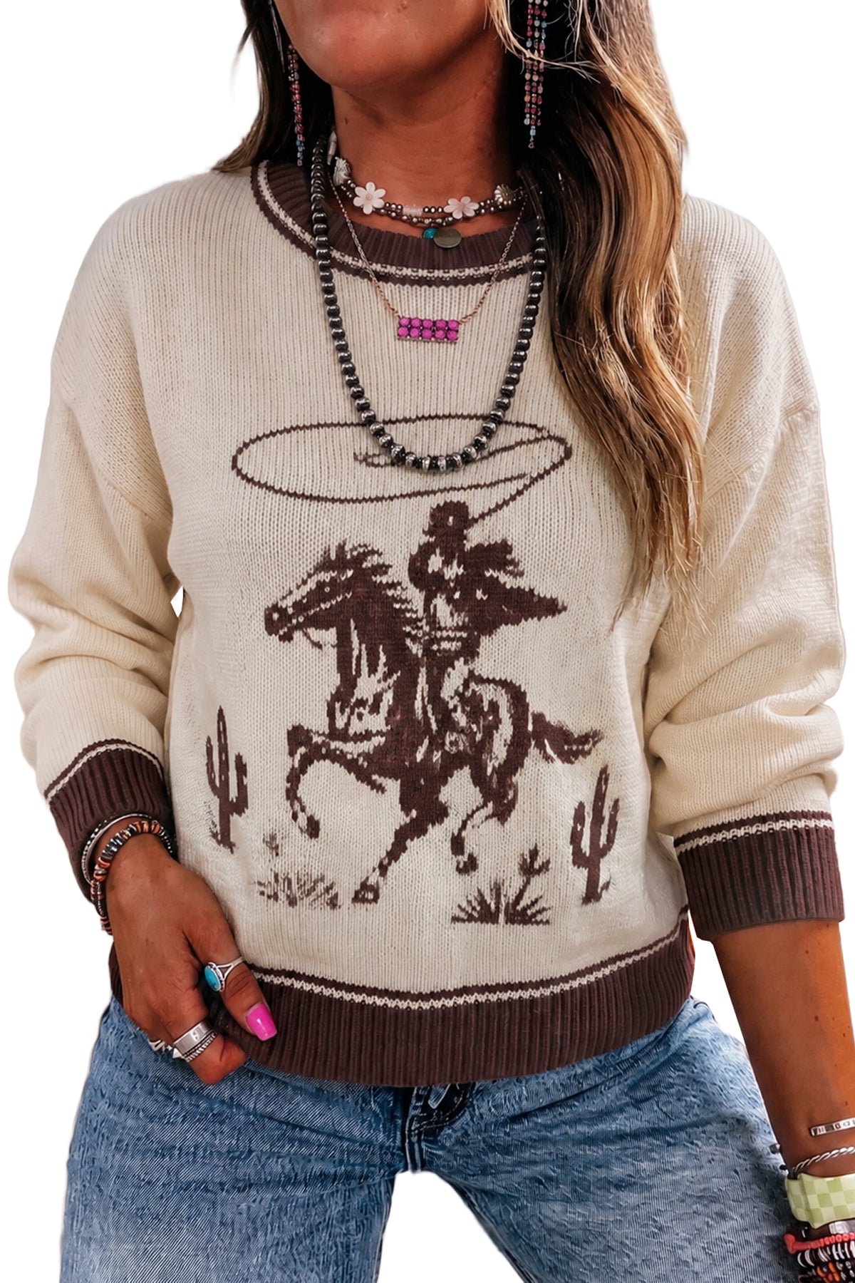 Oatmeal Western Print Color Block Ribbed Trim Crew Neck Shift Sweater-Sweaters & Cardigans/Sweaters-[Adult]-[Female]-2022 Online Blue Zone Planet