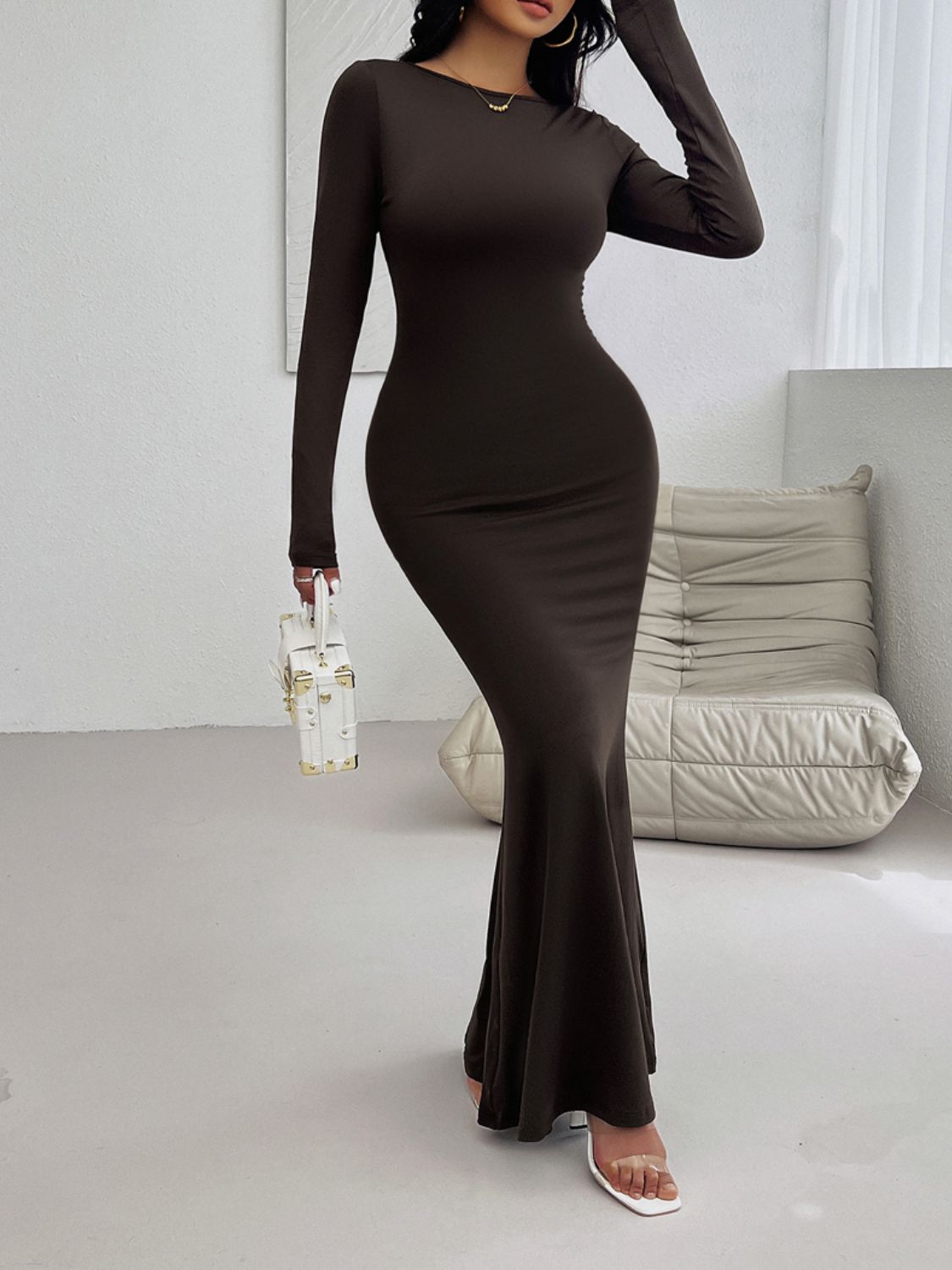 Devine Backless Round Neck Long Sleeve Maxi Dress-TOPS / DRESSES-[Adult]-[Female]-2022 Online Blue Zone Planet