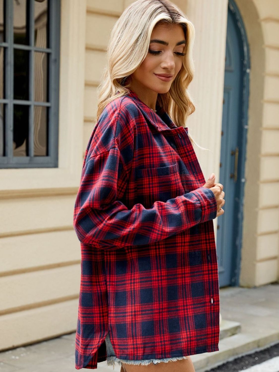 Plaid Collared Neck Long Sleeve Shirt-TOPS / DRESSES-[Adult]-[Female]-2022 Online Blue Zone Planet