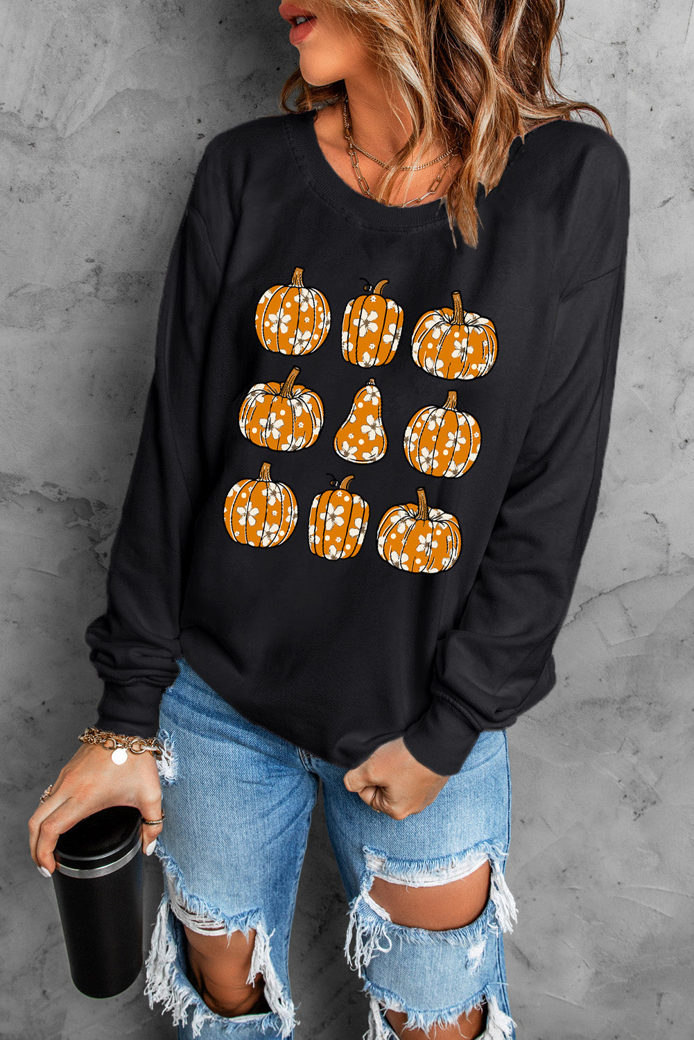 Pumpkin Round Neck Long Sleeve Sweatshirt-TOPS / DRESSES-[Adult]-[Female]-2022 Online Blue Zone Planet