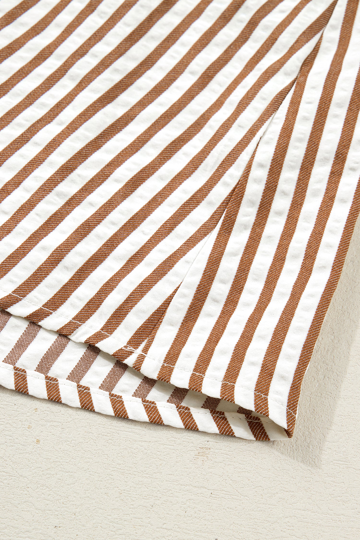 Brown Stripe Shirred V Neck Short Puff Sleeve Blouse-Tops/Blouses & Shirts-[Adult]-[Female]-2022 Online Blue Zone Planet