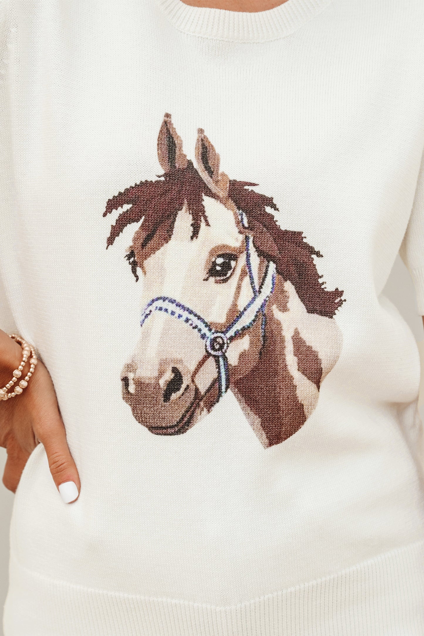 White Wild West Horse Head Printed Short Sleeve Sweater-TOPS / DRESSES-[Adult]-[Female]-2022 Online Blue Zone Planet