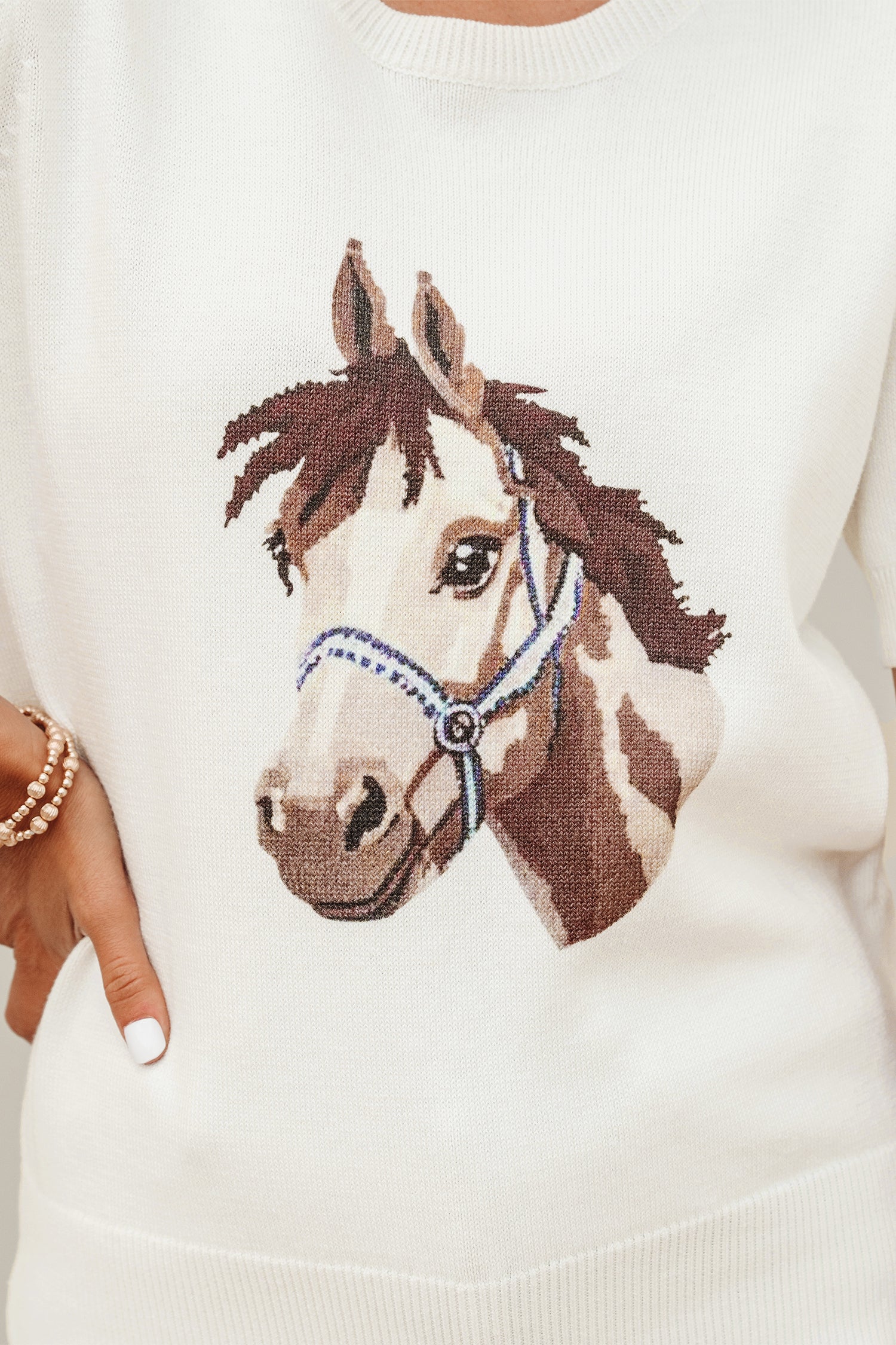 White Wild West Horse Head Printed Short Sleeve Sweater-TOPS / DRESSES-[Adult]-[Female]-2022 Online Blue Zone Planet