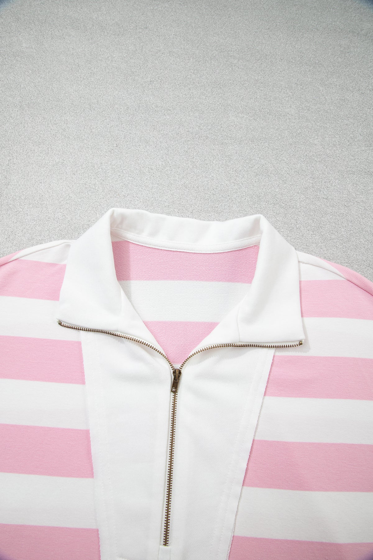 Pink Stripe Color Block Patchwork Zip Long Sleeve Top Elastic Waist Pants Set-Two Piece Sets/Pant Sets-[Adult]-[Female]-2022 Online Blue Zone Planet