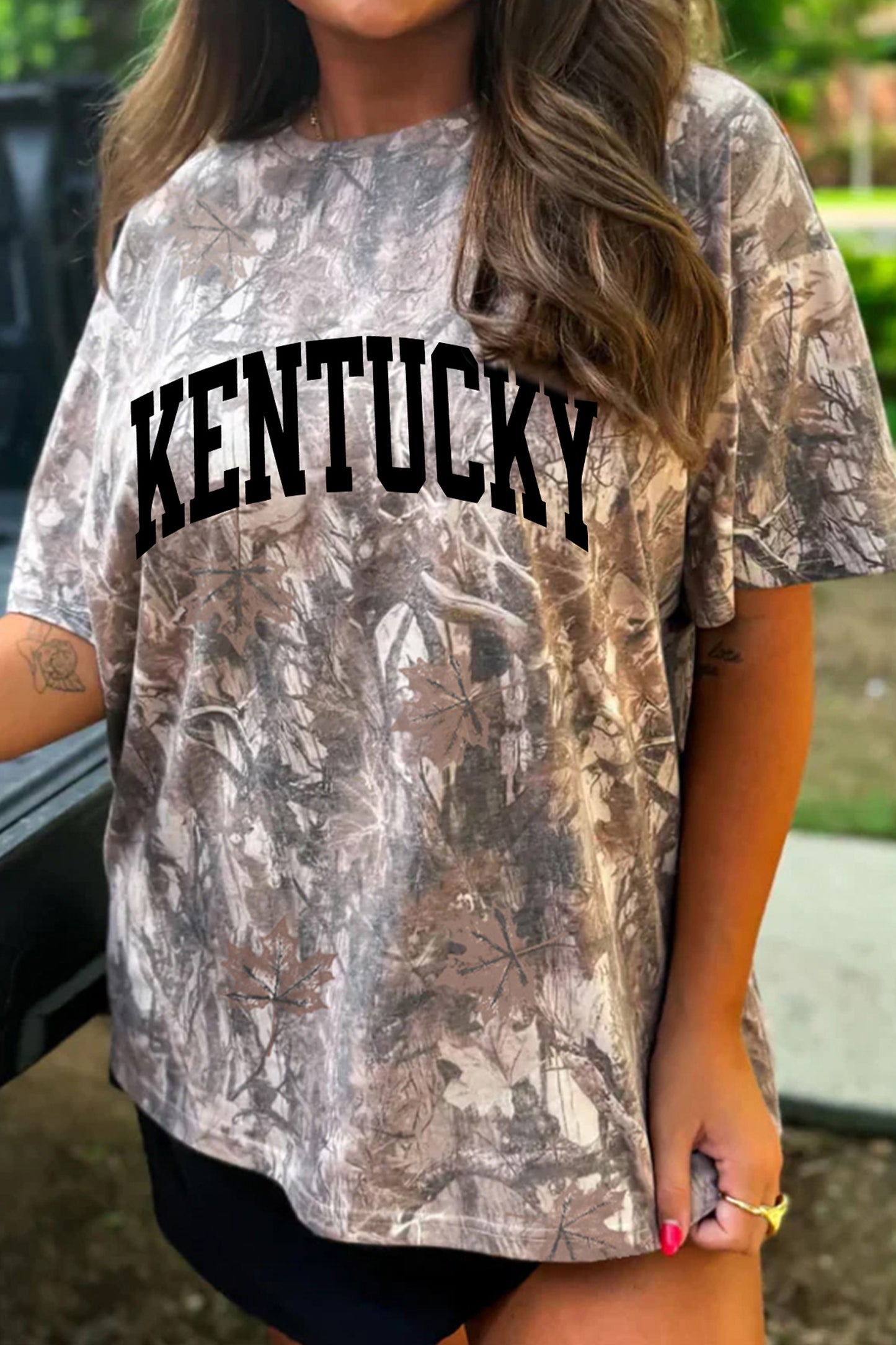 Khaki Woodland Camouflage KENTUCKY Oversize T Shirt-Graphic/Graphic Tees-[Adult]-[Female]-Khaki-S-2022 Online Blue Zone Planet