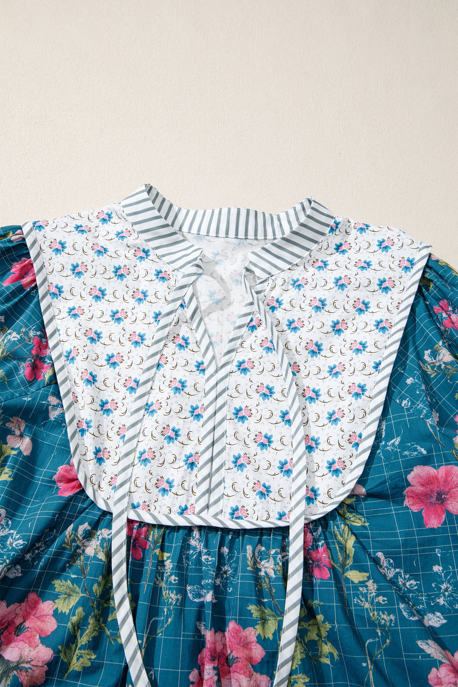Sky Blue Floral Print Contrast Yoke Patchwork Striped Trim Long Puff Sleeve Blouse-Tops/Blouses & Shirts-[Adult]-[Female]-2022 Online Blue Zone Planet