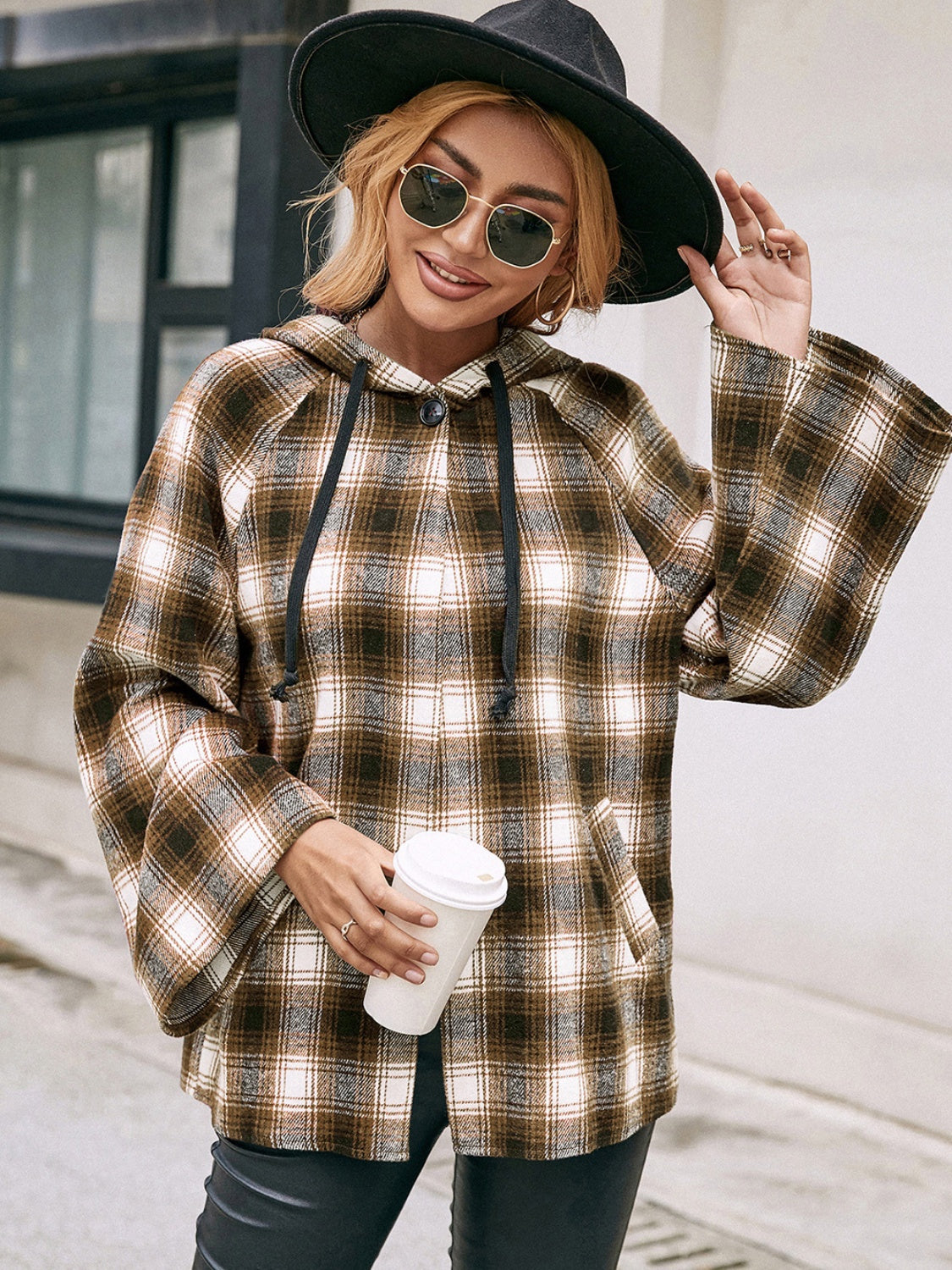 Blue Zone Planet | Pocketed Plaid Long Sleeve Hooded Jacket-TOPS / DRESSES-[Adult]-[Female]-2022 Online Blue Zone Planet