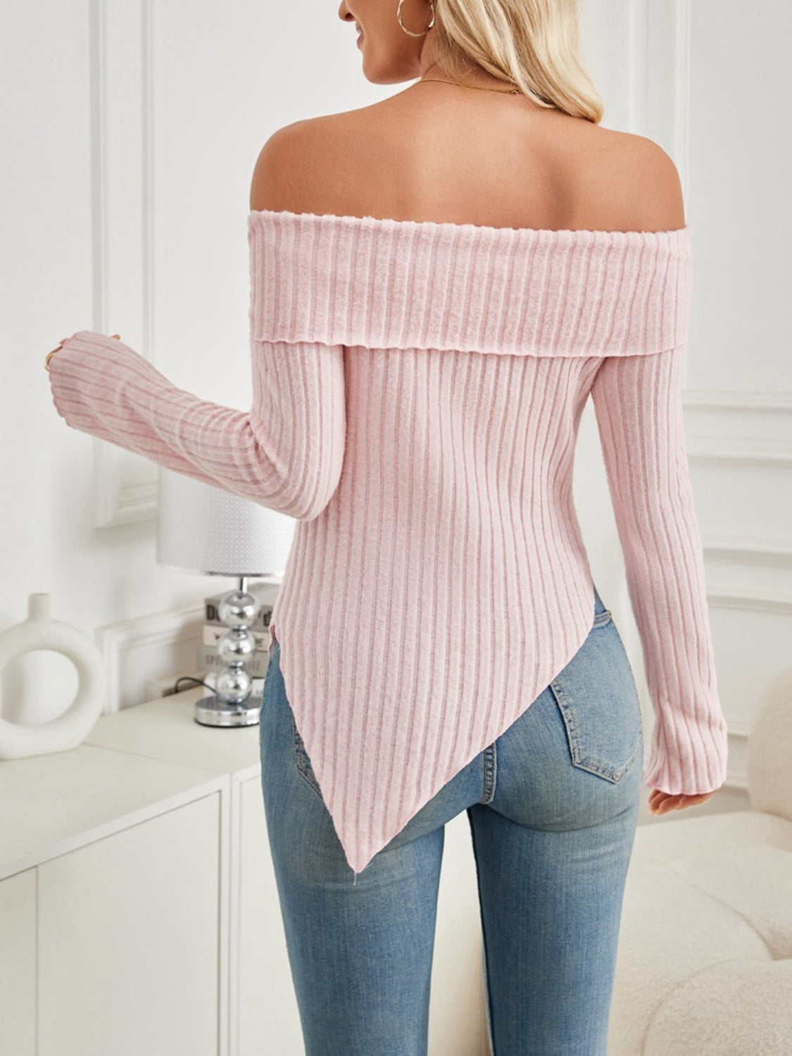 Ribbed Asymmetrical Hem Off-Shoulder Long Sleeve T-Shirt-[Adult]-[Female]-2022 Online Blue Zone Planet