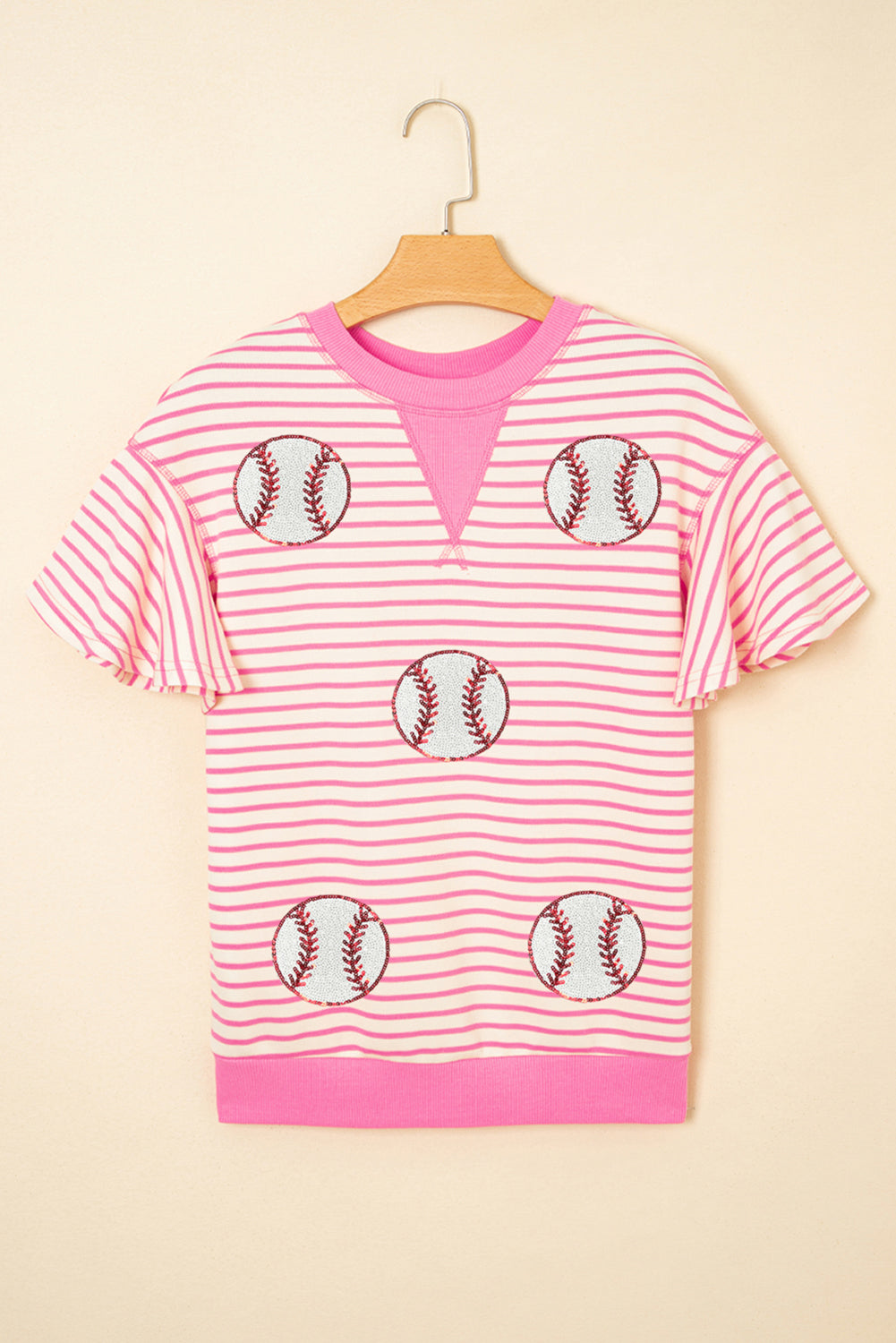 Sachet Pink Sequin Baseball Pattern Striped Ruffle Sleeve Round Neck Knit Top-Graphic/Graphic Tees-[Adult]-[Female]-2022 Online Blue Zone Planet